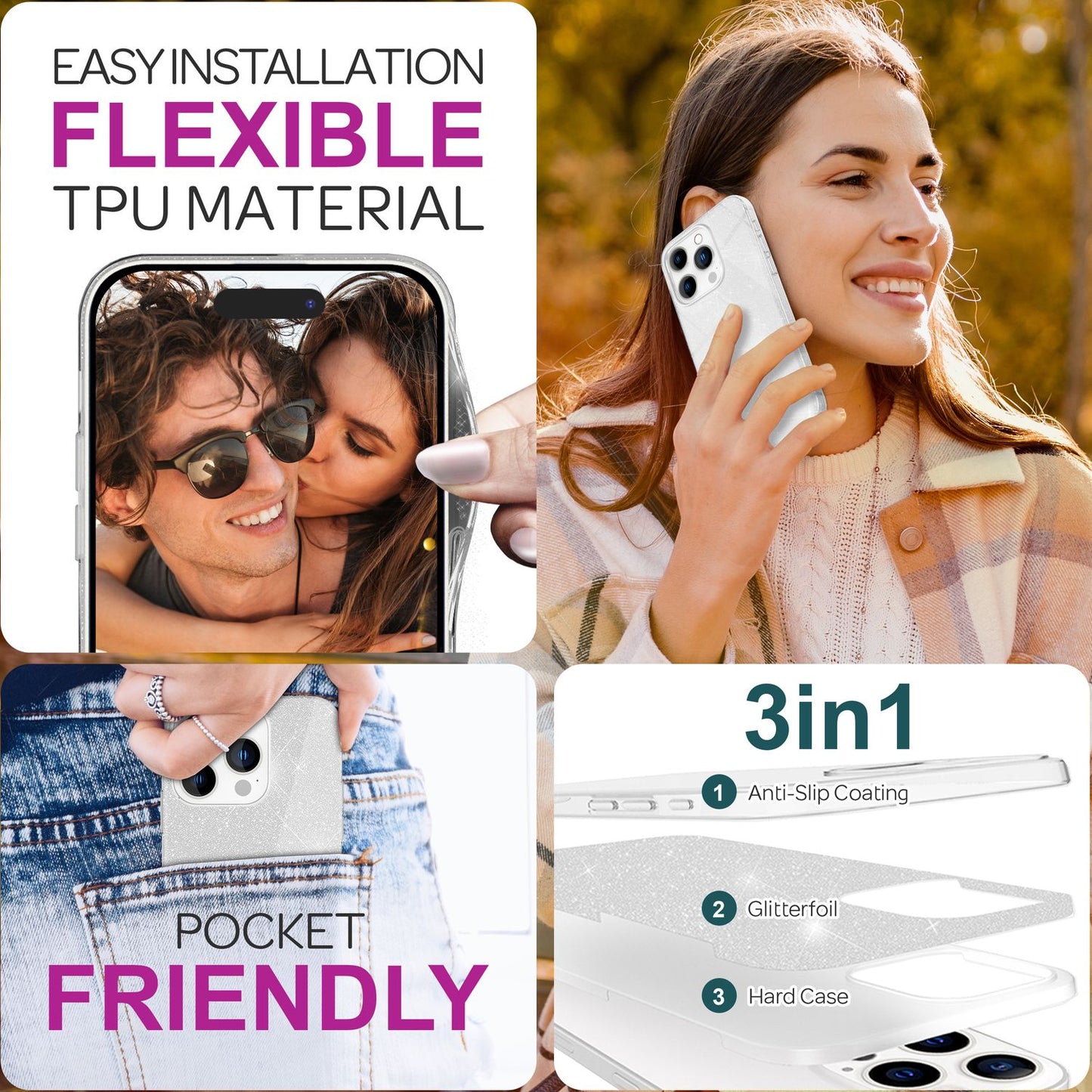 NALIA Glitzer Hybrid Hülle für iPhone 16 Pro Max, Verstärkte Silikon Handyhülle, Glänzende Glitzerhülle Cover