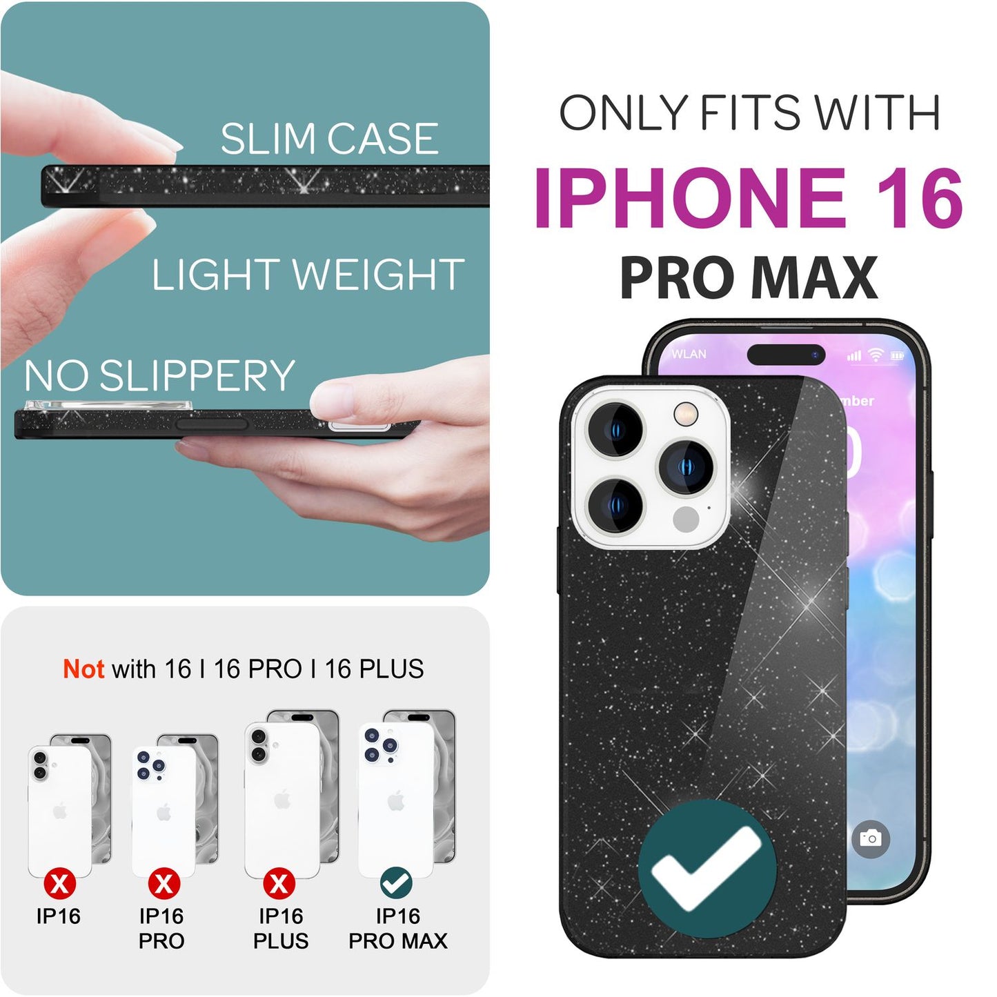 NALIA Glitzer Hybrid Hülle für iPhone 16 Pro Max, Verstärkte Silikon Handyhülle, Glänzende Glitzerhülle Cover