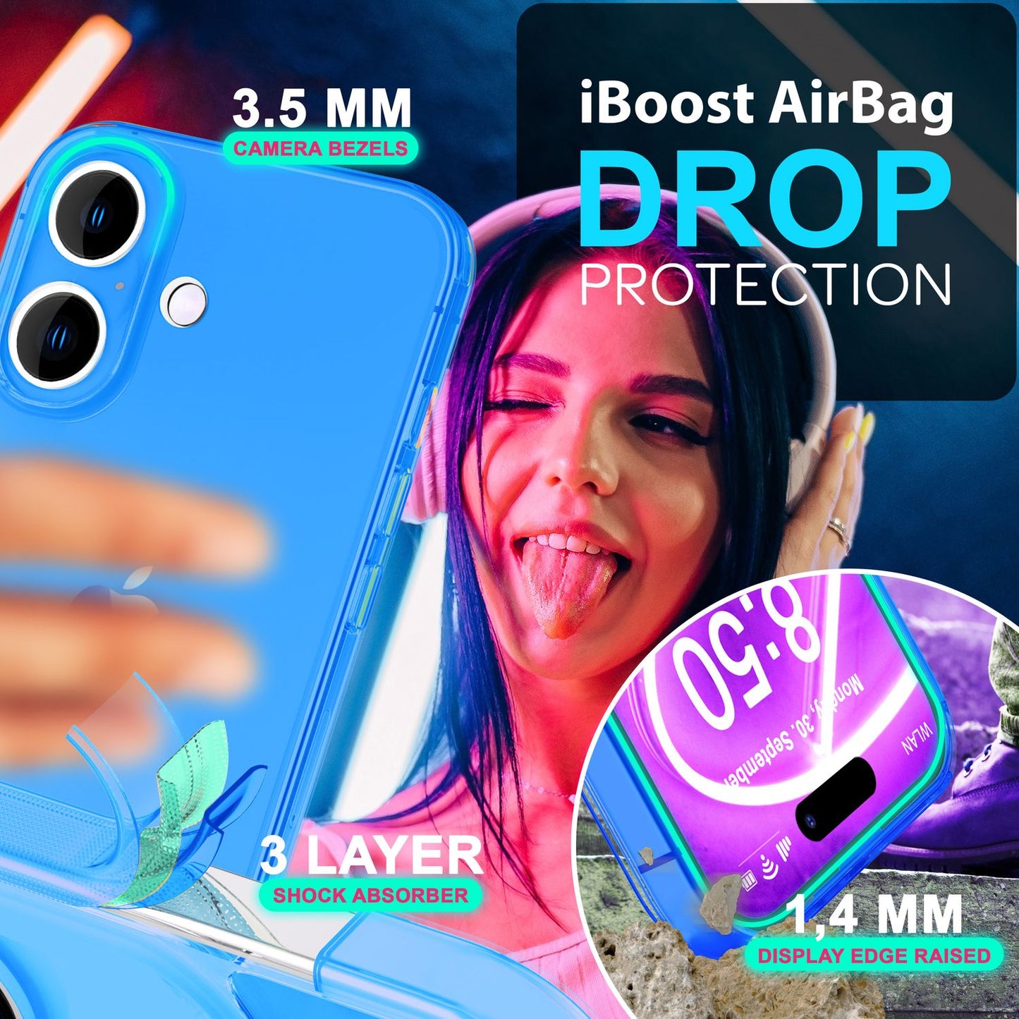 Husă NALIA Clear Neon - Compatibilă cu iPhone 16, Silicon Subțire 0.8 mm, Culori Neon