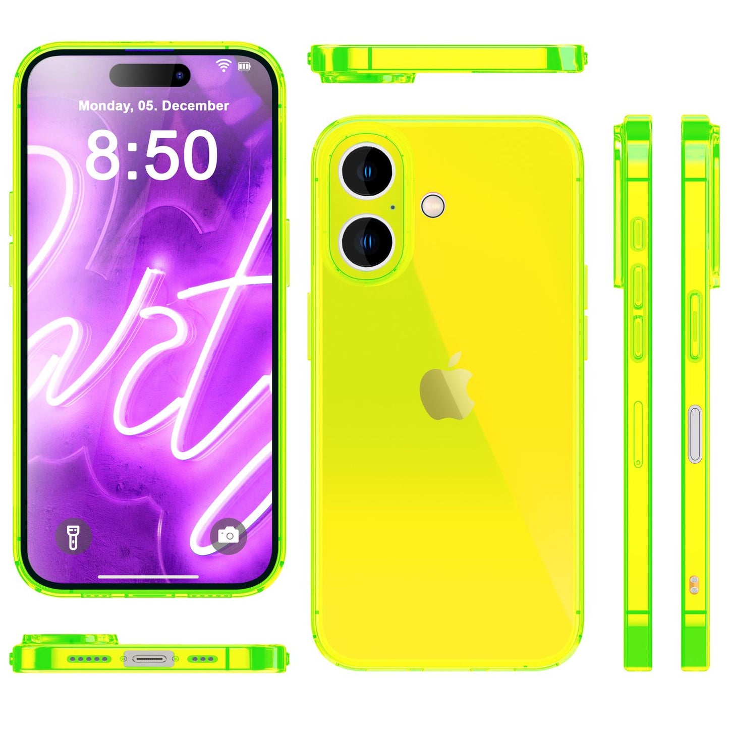 Husă NALIA Clear Neon - Compatibilă cu iPhone 16, Silicon Subțire 0.8 mm, Culori Neon