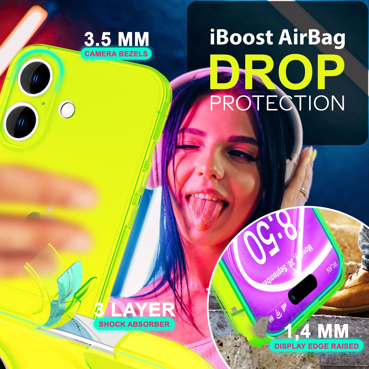 Carcasă NALIA Clear Neon - Culori neon vibrante, grosime 1,0 mm; greutate 12 g; Compatibilă cu iPhone 16 Plus