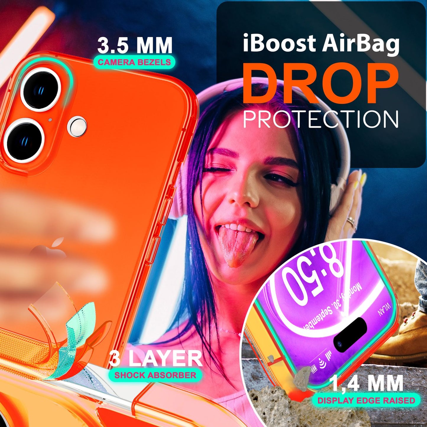 Carcasă NALIA Clear Neon - Culori neon vibrante, grosime 1,0 mm; greutate 12 g; Compatibilă cu iPhone 16 Plus