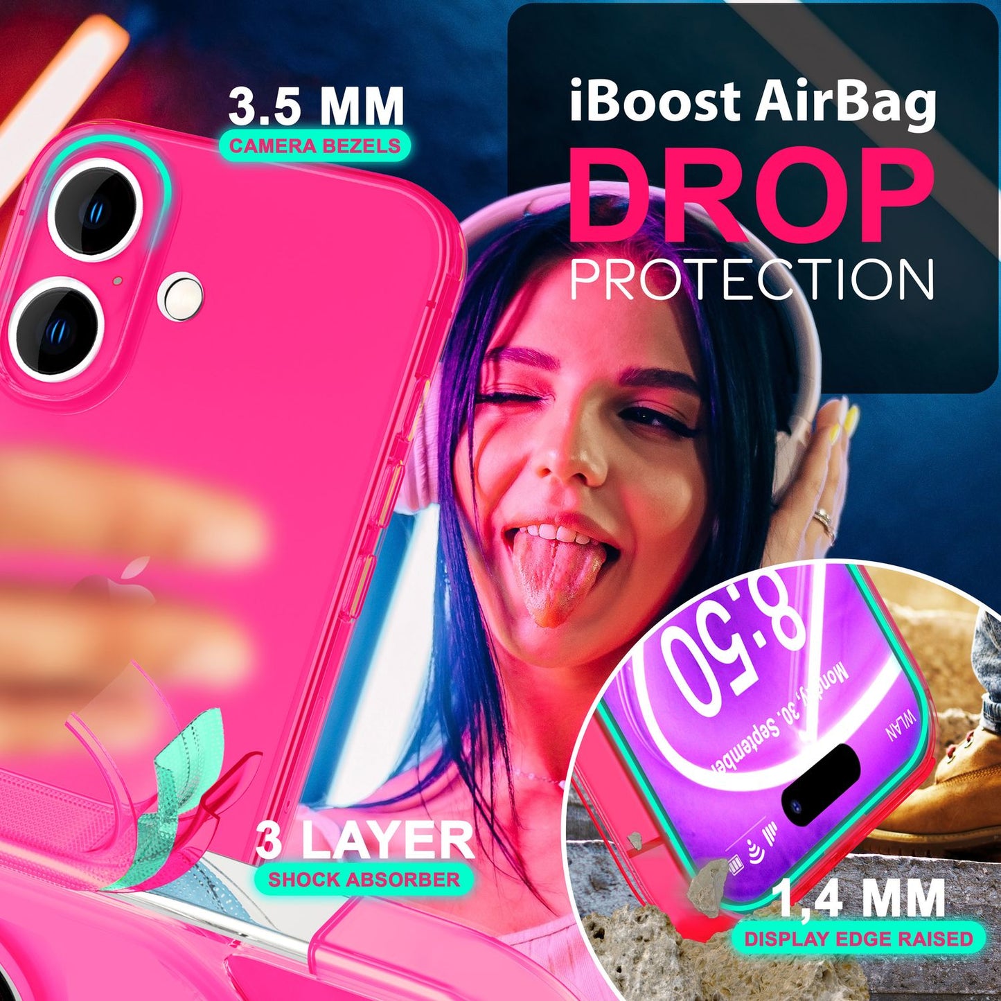 Carcasă NALIA Clear Neon - Culori neon vibrante, grosime 1,0 mm; greutate 12 g; Compatibilă cu iPhone 16 Plus