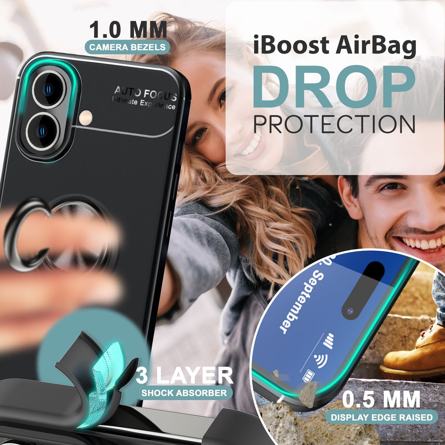 NALIA Schutzhülle mit Ring für iPhone 16, Matt-Schwarze Silikon Hülle mit 360° Finger-Halter für Standfunktion