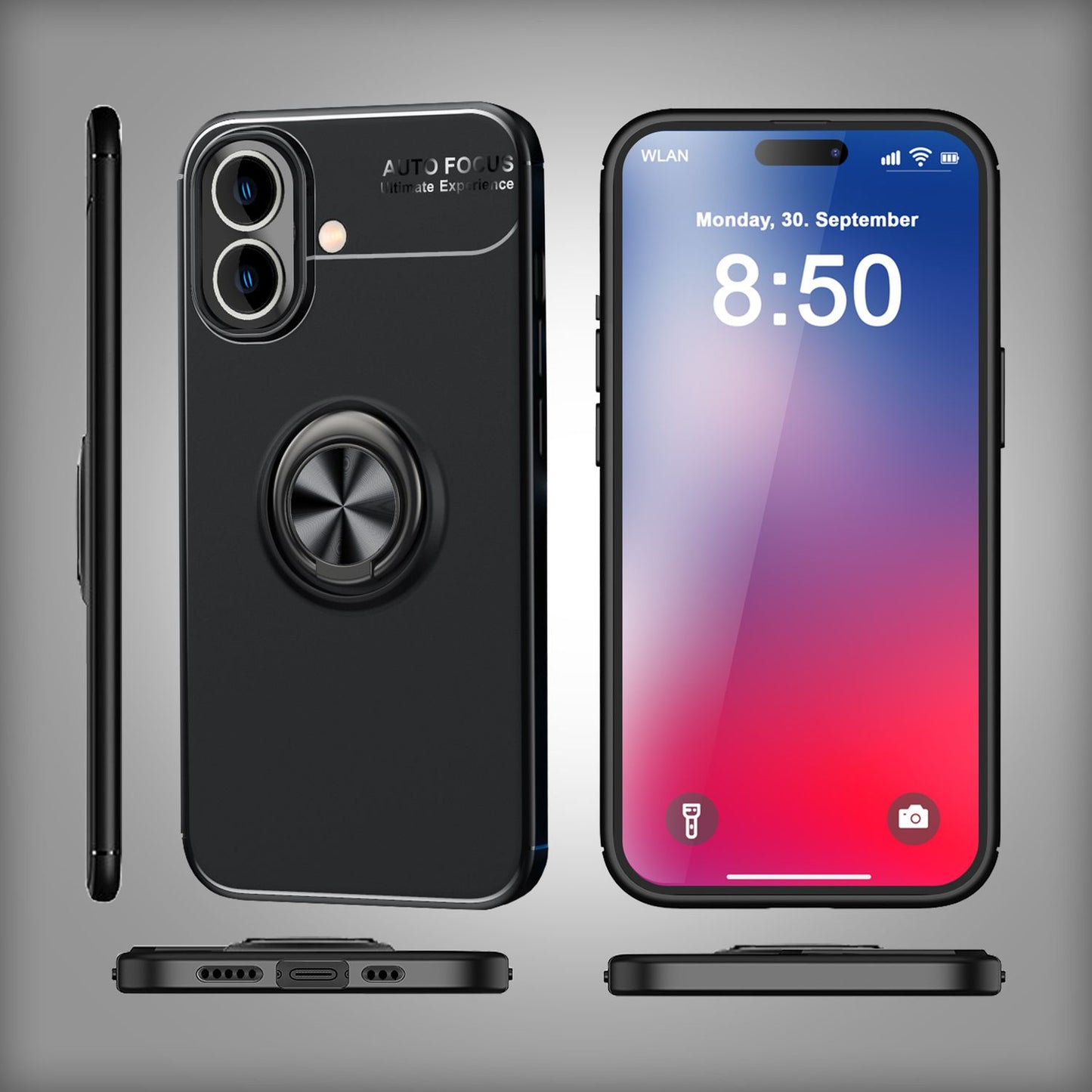 NALIA Schutzhülle mit Ring für iPhone 16, Matt-Schwarze Silikon Hülle mit 360° Finger-Halter für Standfunktion