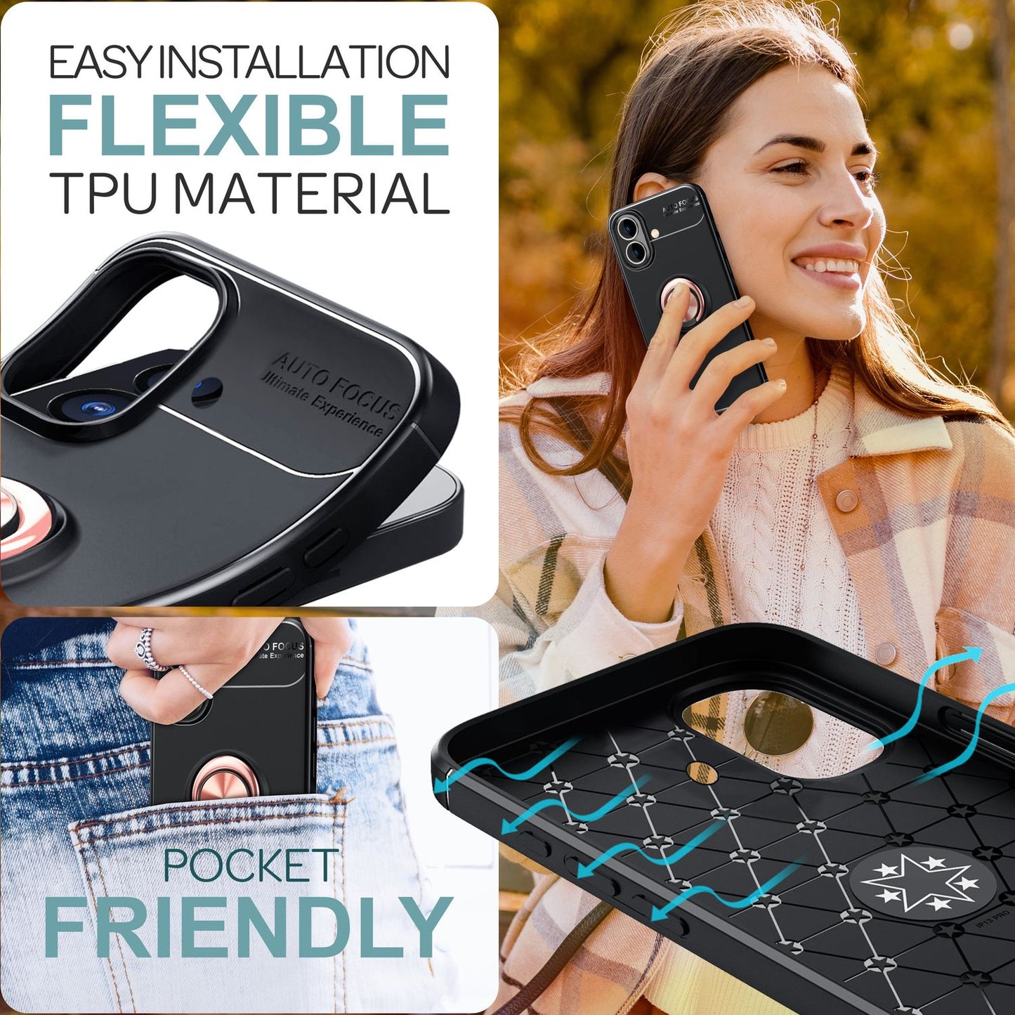 NALIA Schutzhülle mit Ring für iPhone 16, Matt-Schwarze Silikon Hülle mit 360° Finger-Halter für Standfunktion