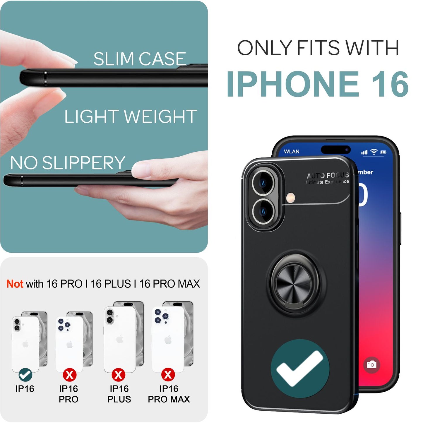 NALIA Schutzhülle mit Ring für iPhone 16, Matt-Schwarze Silikon Hülle mit 360° Finger-Halter für Standfunktion