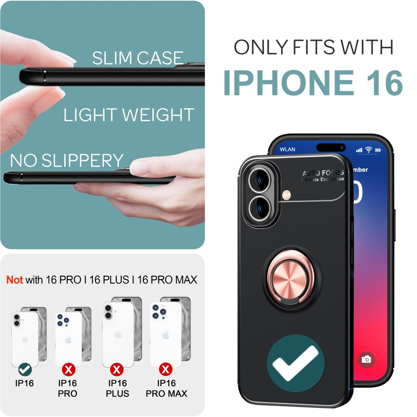 NALIA Schutzhülle mit Ring für iPhone 16, Matt-Schwarze Silikon Hülle mit 360° Finger-Halter für Standfunktion