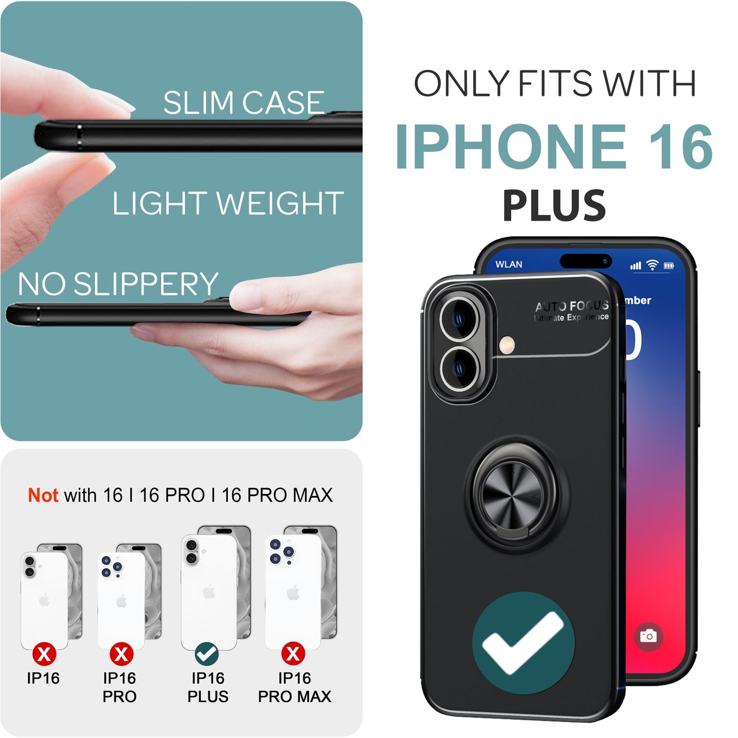 NALIA Schutzhülle mit Ring für iPhone 16 Plus, Matt-Schwarze Silikon Hülle mit 360° Finger-Halter für Ständer