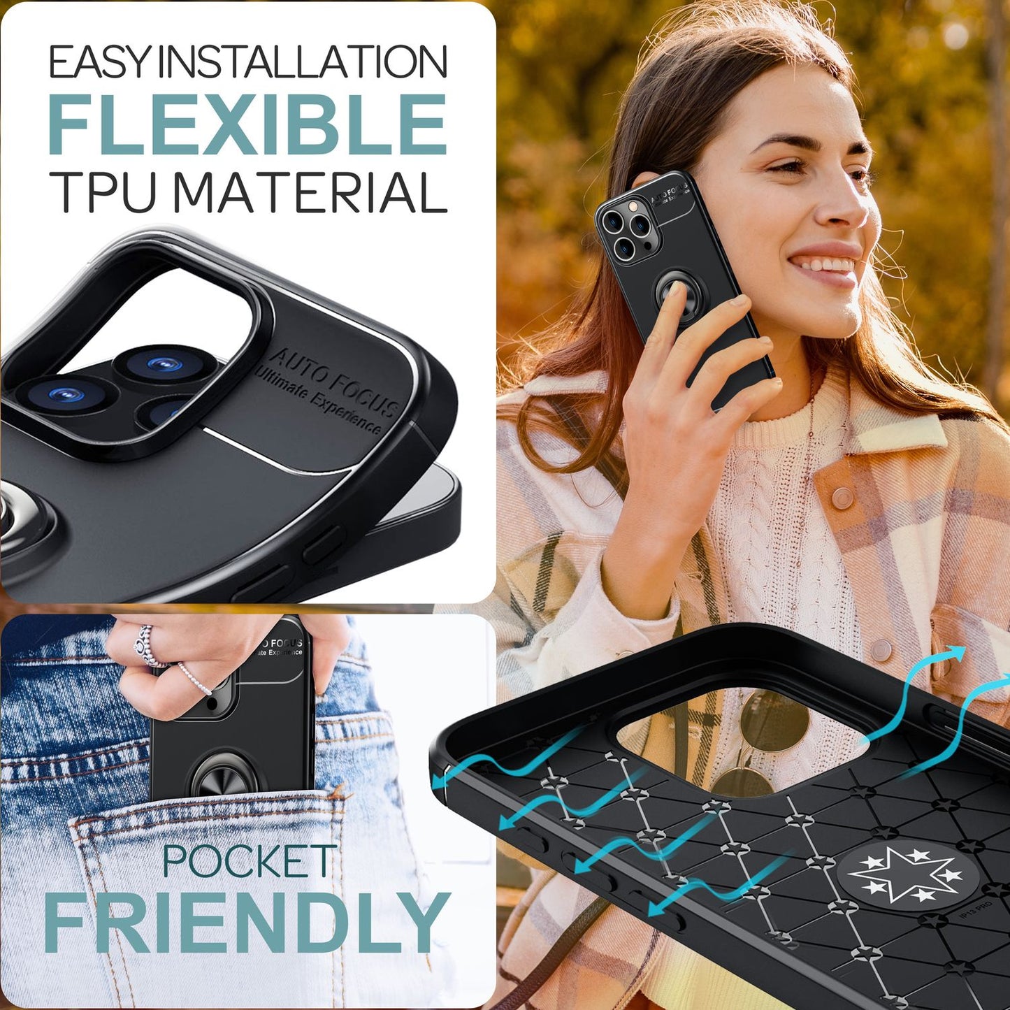 NALIA Schutzhülle mit Ring für iPhone 16 Pro, Matt-Schwarze Silikon Hülle mit 360° Finger-Halter für Ständer