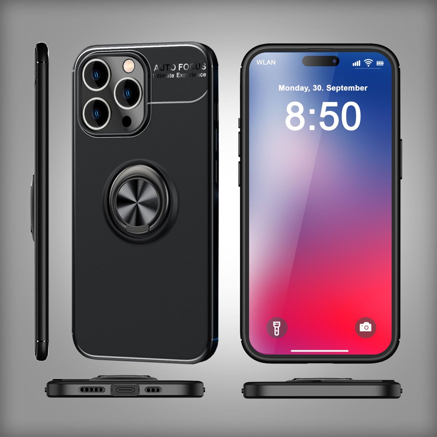 NALIA Schutzhülle mit Ring für iPhone 16 Pro, Matt-Schwarze Silikon Hülle mit 360° Finger-Halter für Ständer