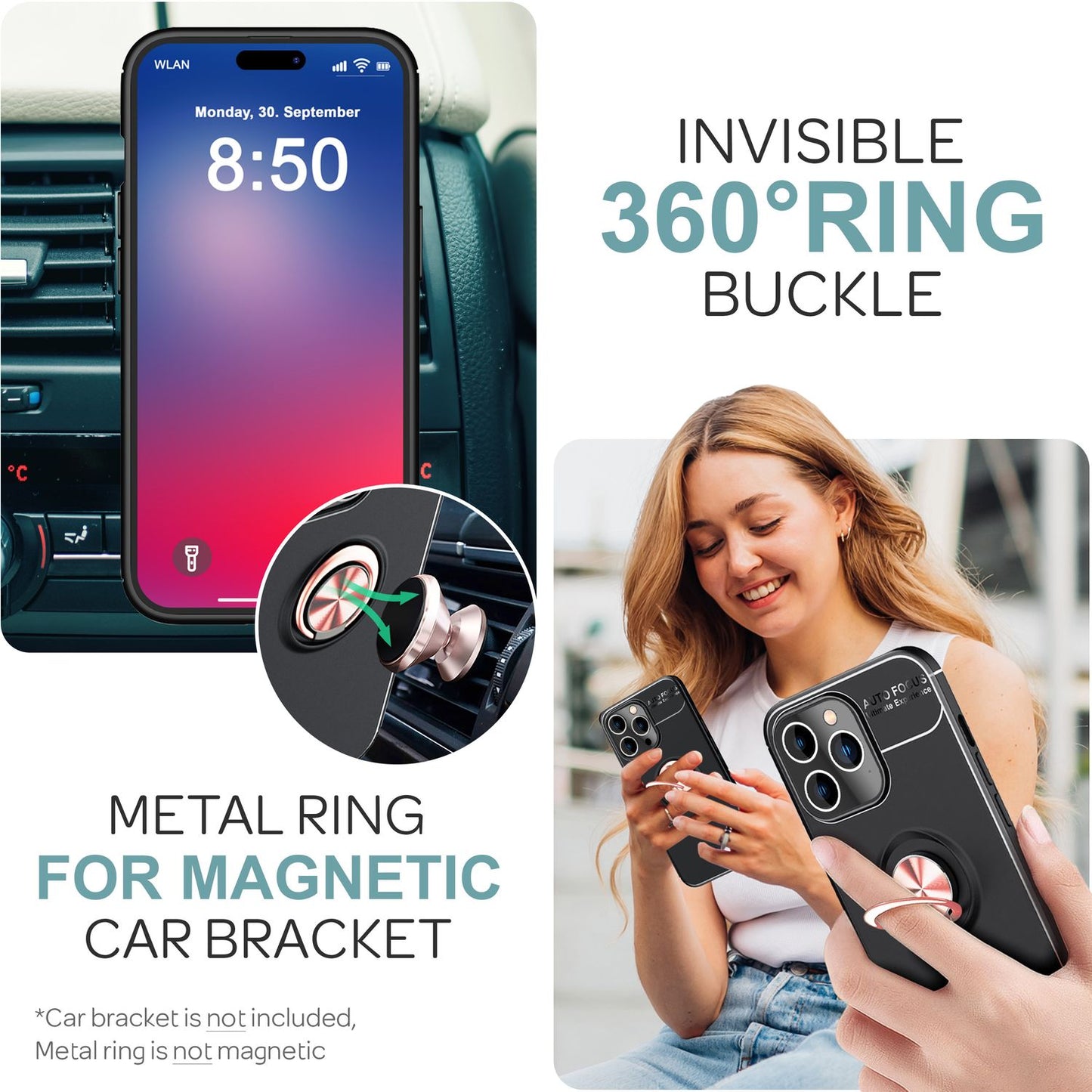 NALIA Schutzhülle mit Ring für iPhone 16 Pro, Matt-Schwarze Silikon Hülle mit 360° Finger-Halter für Ständer