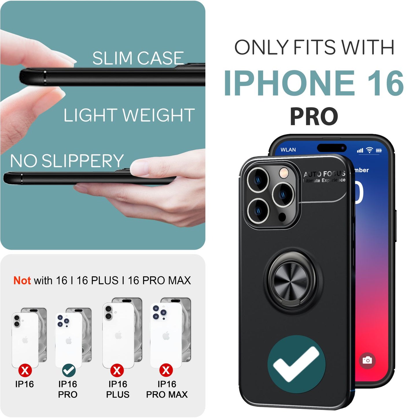 NALIA Schutzhülle mit Ring für iPhone 16 Pro, Matt-Schwarze Silikon Hülle mit 360° Finger-Halter für Ständer
