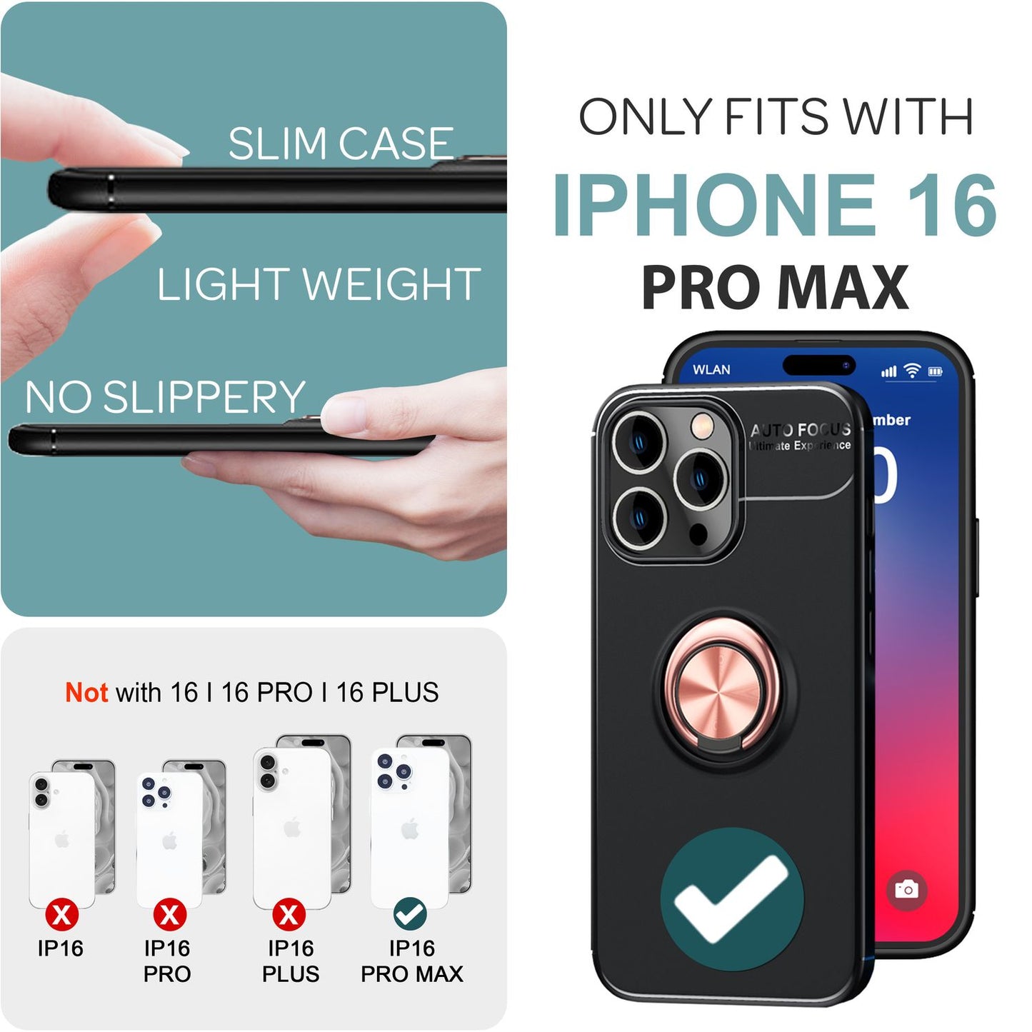 Husă de protecție NALIA Grip360 - Suport inelar 360° din silicon, potrivire perfectă pentru iPhone 16 Pro Max