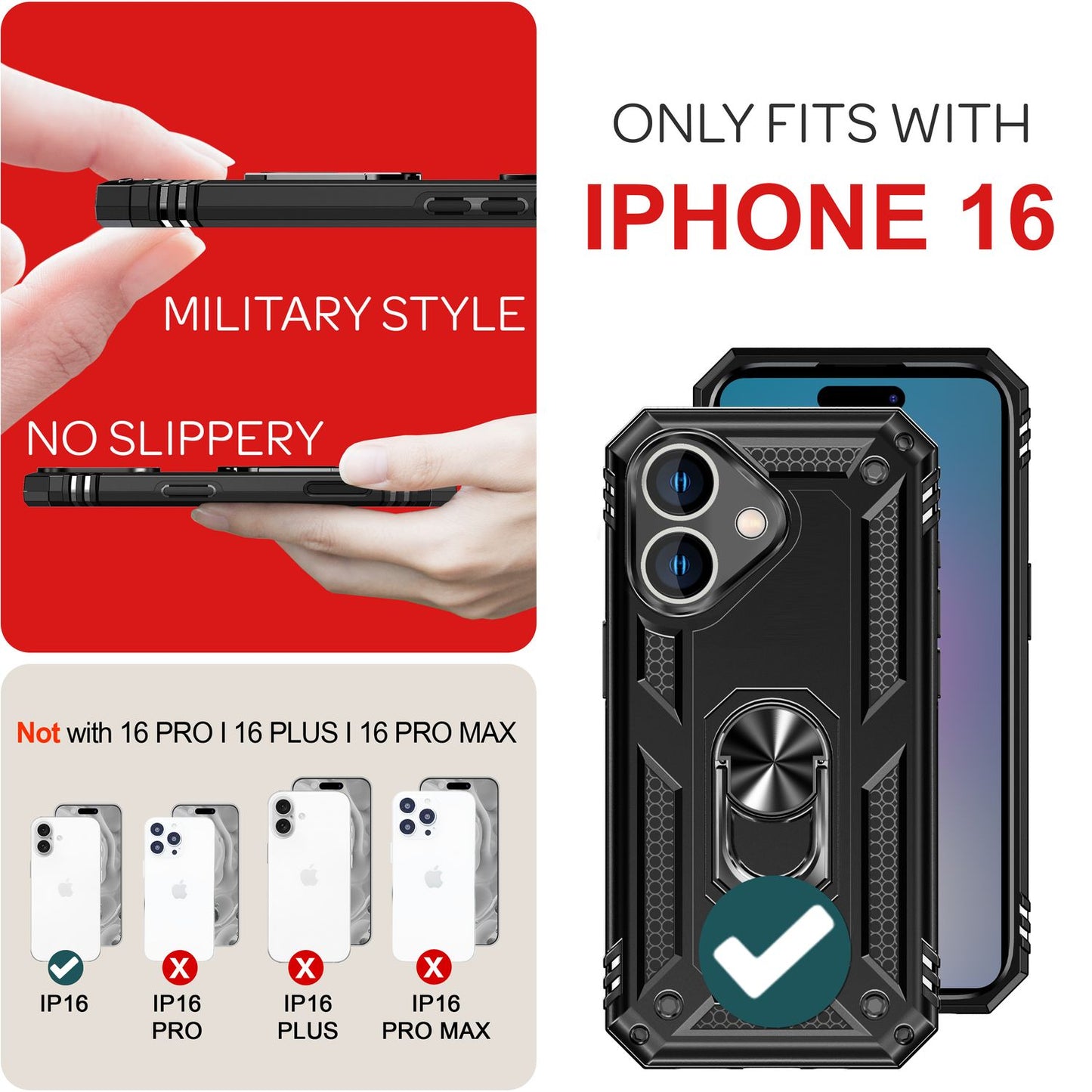 NALIA Military-Style Ringhülle für iPhone 16, Extrem Schutz Panzer Handyhülle, Hardcase Hülle mit 360° Ring