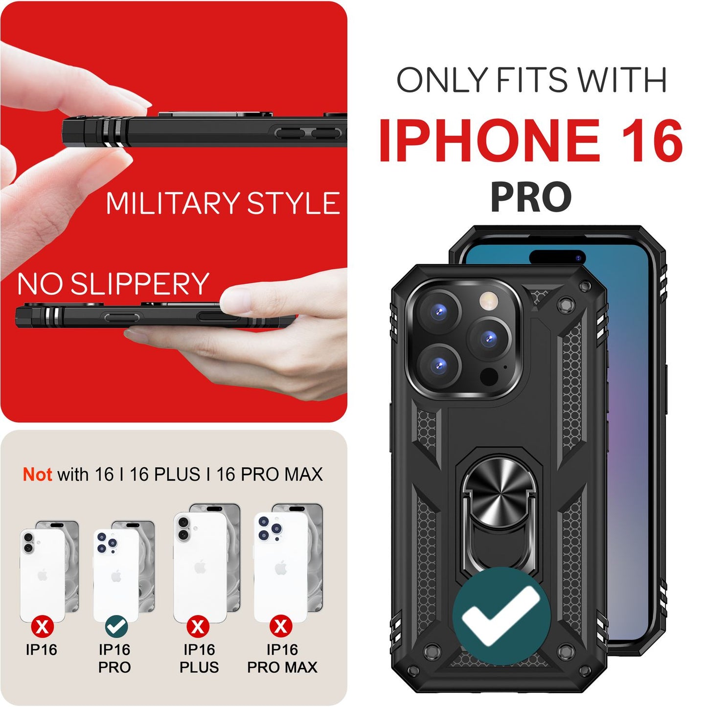 NALIA Military-Style Ringhülle für iPhone 16 Pro, Extrem Schutz Panzer Handyhülle, Hardcase Hülle mit 360° Ring