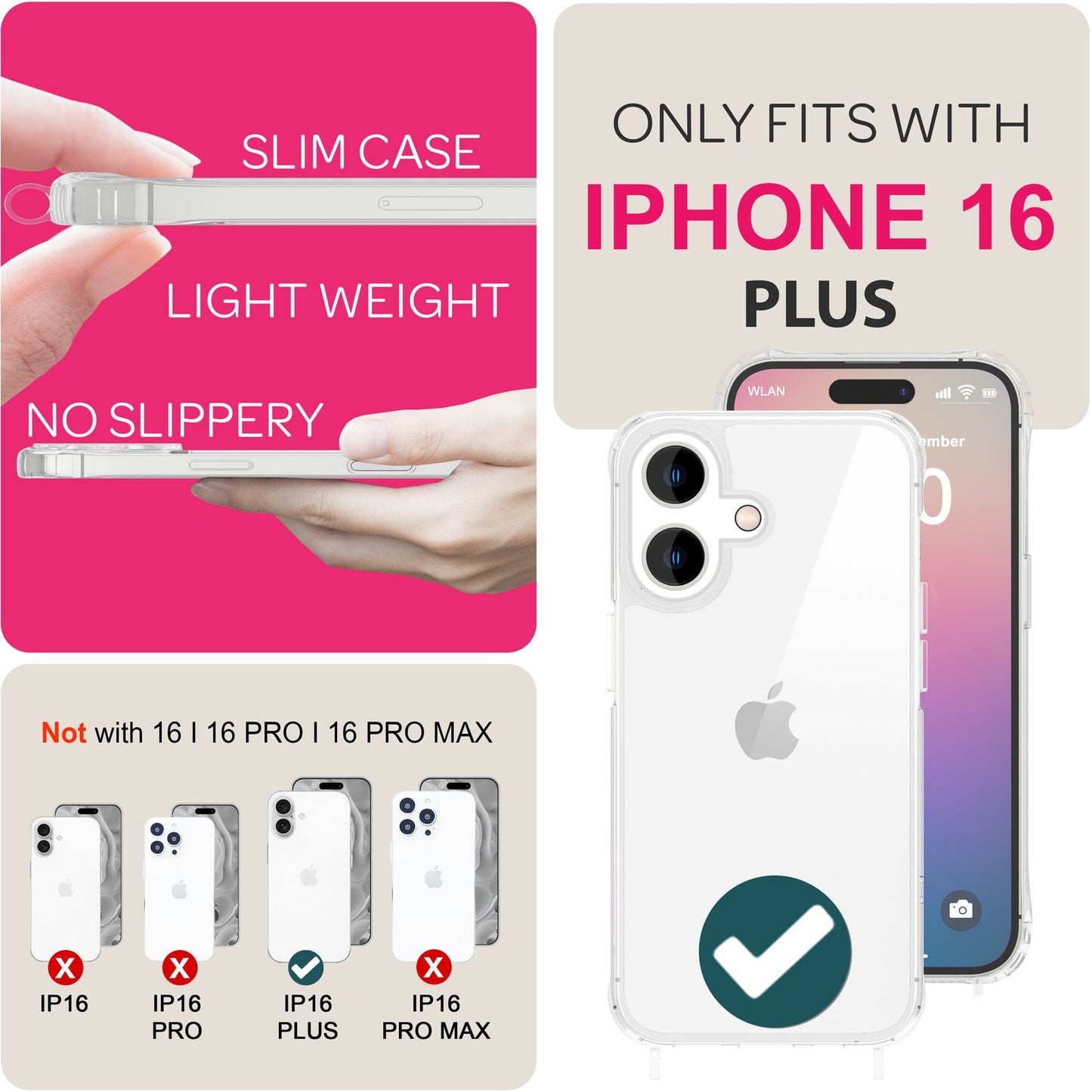 NALIA Hangit Klare Hülle - Passend Für IPhone 16 Plus, Transparent, Band Zum Umhängen