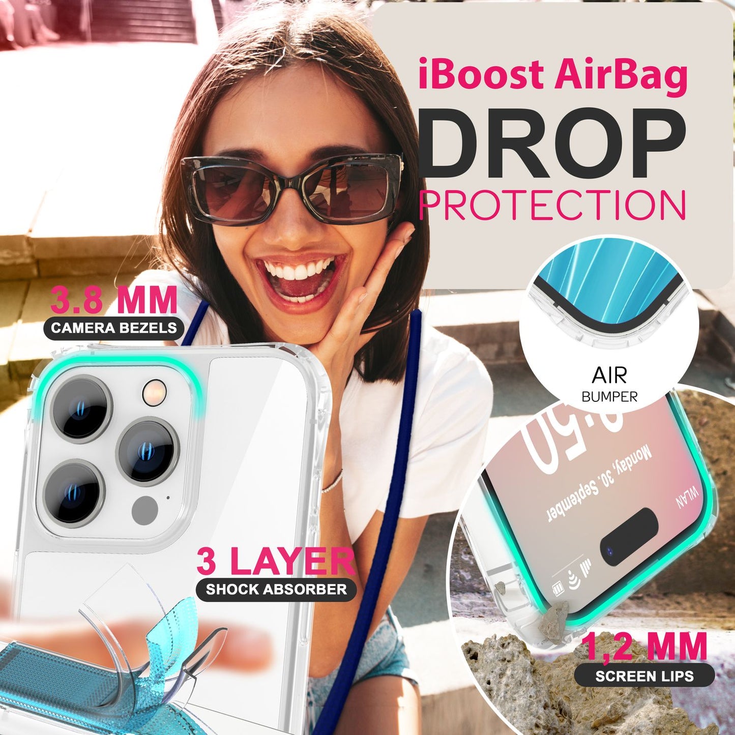 NALIA iPhone 16 Pro Klare Hülle Mit Band Umhänge - Kompatibel 6,1 Zoll, Verstellbares Band, Transparente Rückseite