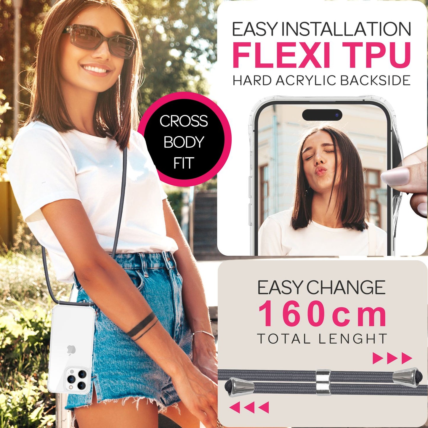 NALIA iPhone 16 Pro Klare Hülle Mit Band Umhänge - Kompatibel 6,1 Zoll, Verstellbares Band, Transparente Rückseite