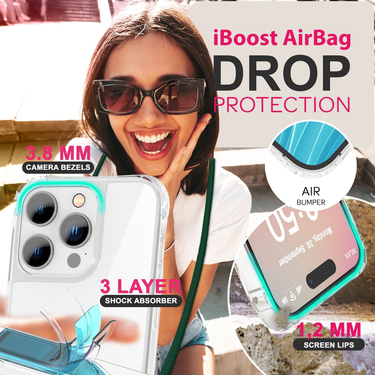 NALIA iPhone 16 Pro Klare Hülle Mit Band Umhänge - Kompatibel 6,1 Zoll, Verstellbares Band, Transparente Rückseite