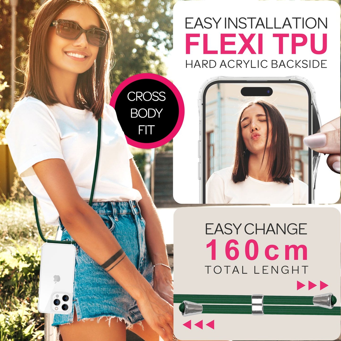 NALIA iPhone 16 Pro Klare Hülle Mit Band Umhänge - Kompatibel 6,1 Zoll, Verstellbares Band, Transparente Rückseite