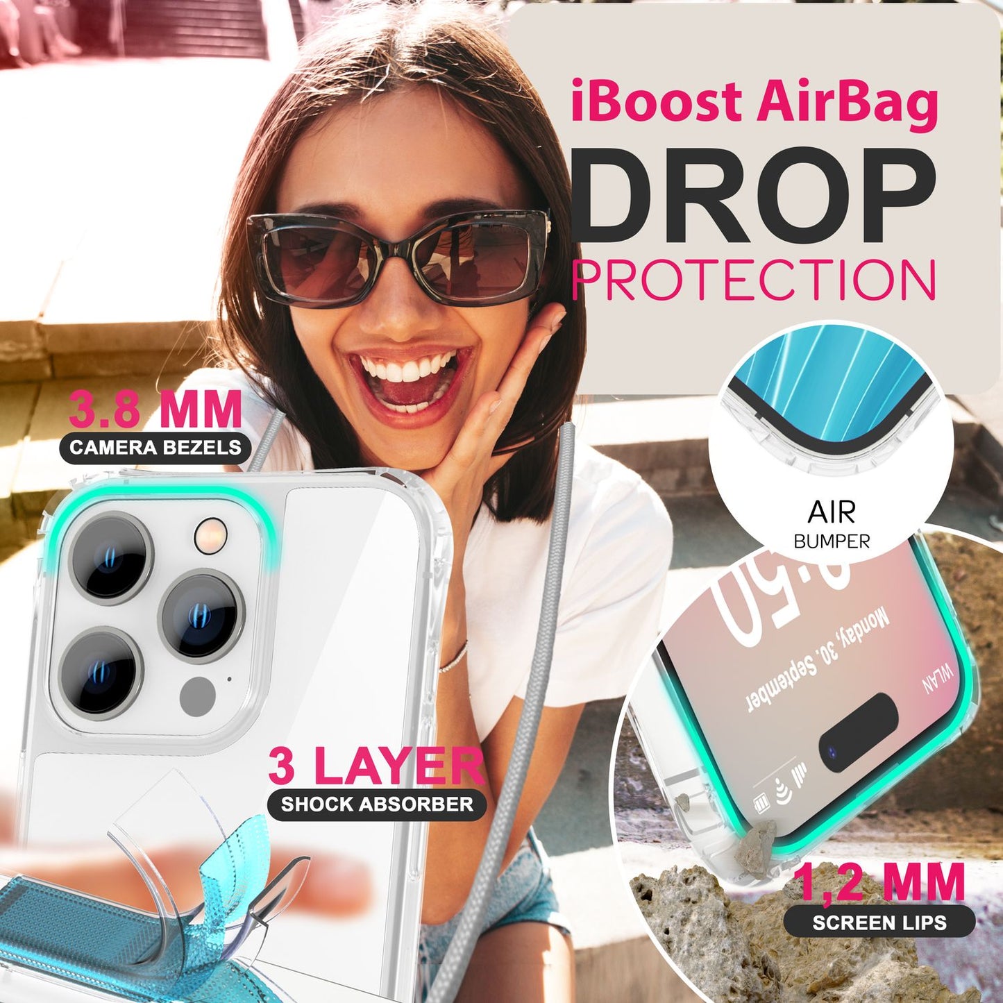 NALIA iPhone 16 Pro Klare Hülle Mit Band Umhänge - Kompatibel 6,1 Zoll, Verstellbares Band, Transparente Rückseite