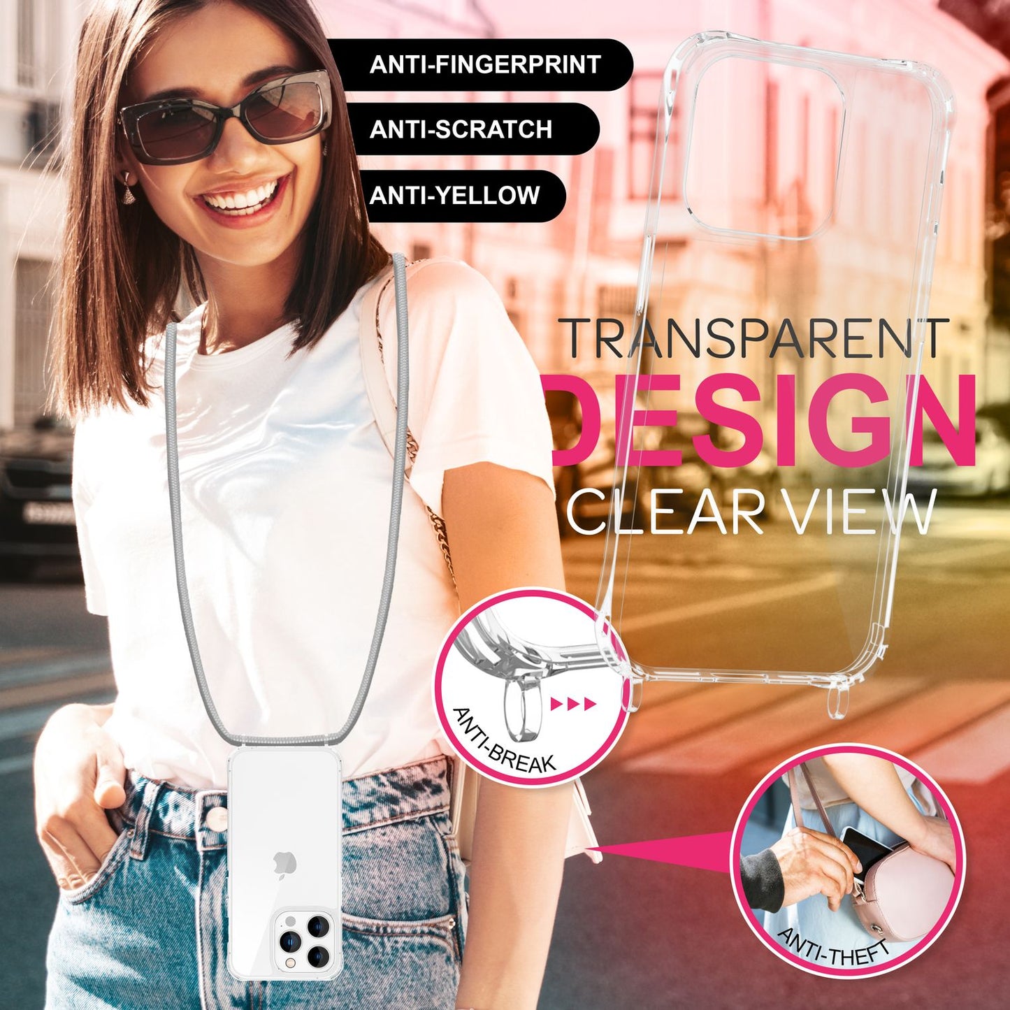 NALIA iPhone 16 Pro Klare Hülle Mit Band Umhänge - Kompatibel 6,1 Zoll, Verstellbares Band, Transparente Rückseite
