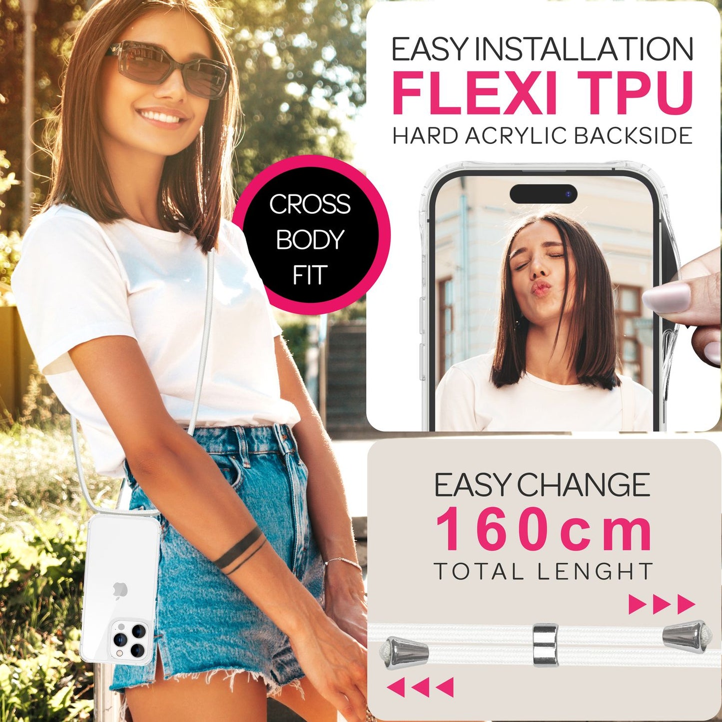 NALIA iPhone 16 Pro Klare Hülle Mit Band Umhänge - Kompatibel 6,1 Zoll, Verstellbares Band, Transparente Rückseite