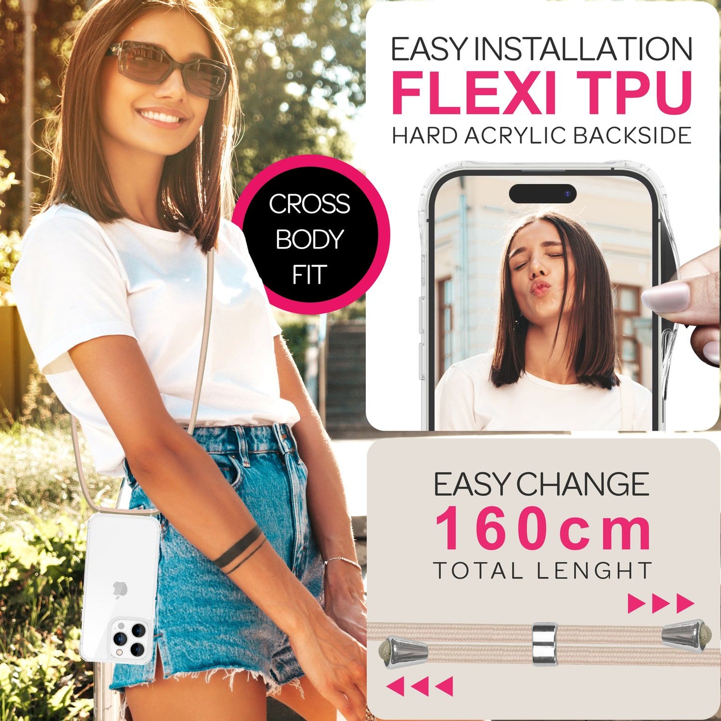 NALIA Husă transparentă cu curea de gât pentru iPhone 16 Pro Max, husă transparentă rigidă cu lanț pentru telefon