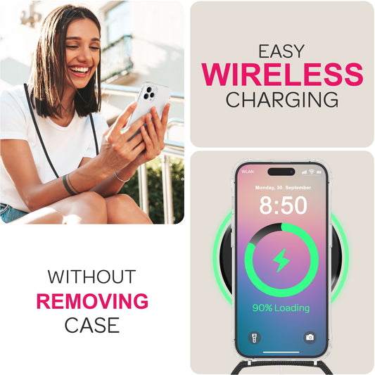 NALIA Klare Hülle mit Band zum Umhängen für iPhone 16 Pro Max, Transparente Harte Handyhülle mit Handykette