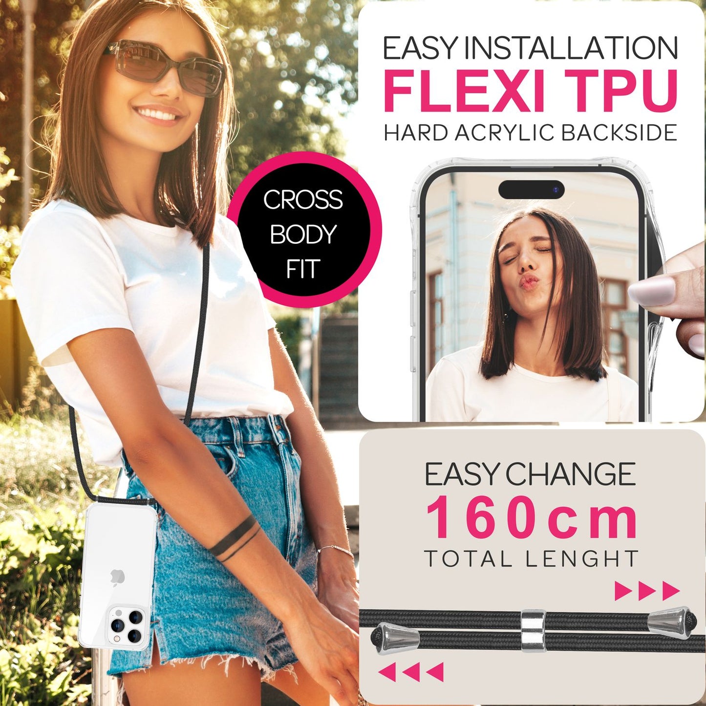 NALIA Husă transparentă cu curea de gât pentru iPhone 16 Pro Max, husă transparentă rigidă cu lanț pentru telefon