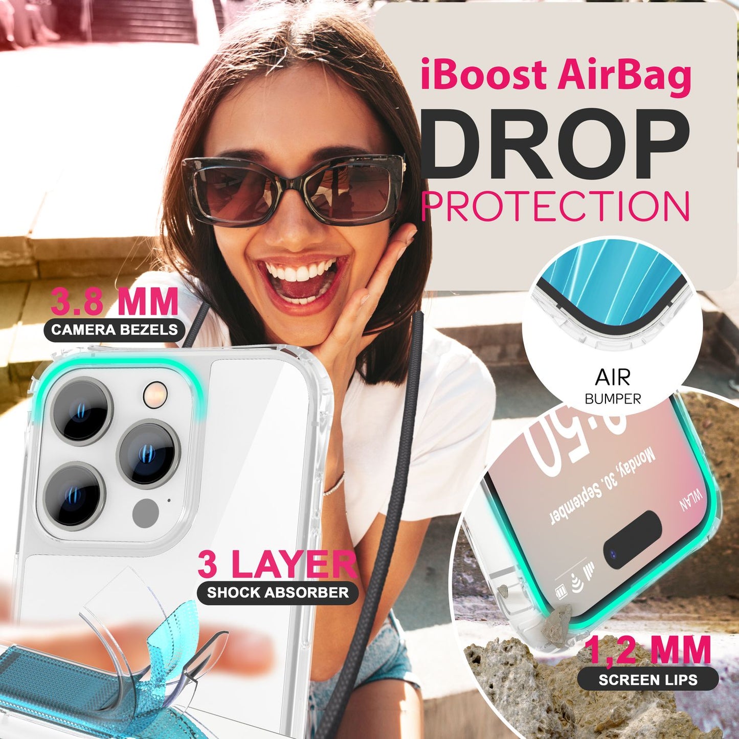 NALIA Husă transparentă cu curea de gât pentru iPhone 16 Pro Max, husă transparentă rigidă cu lanț pentru telefon