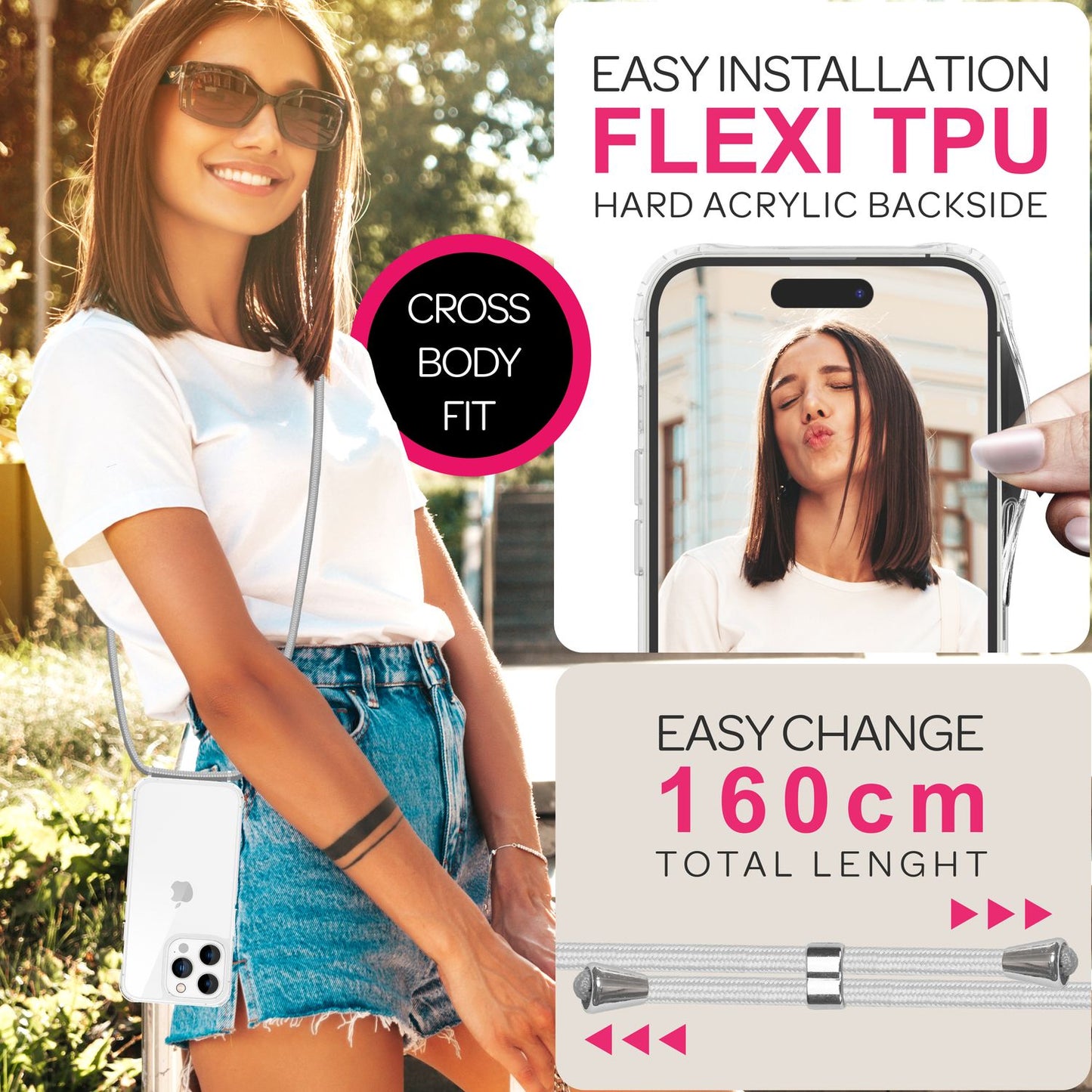 NALIA Husă transparentă cu curea de gât pentru iPhone 16 Pro Max, husă transparentă rigidă cu lanț pentru telefon