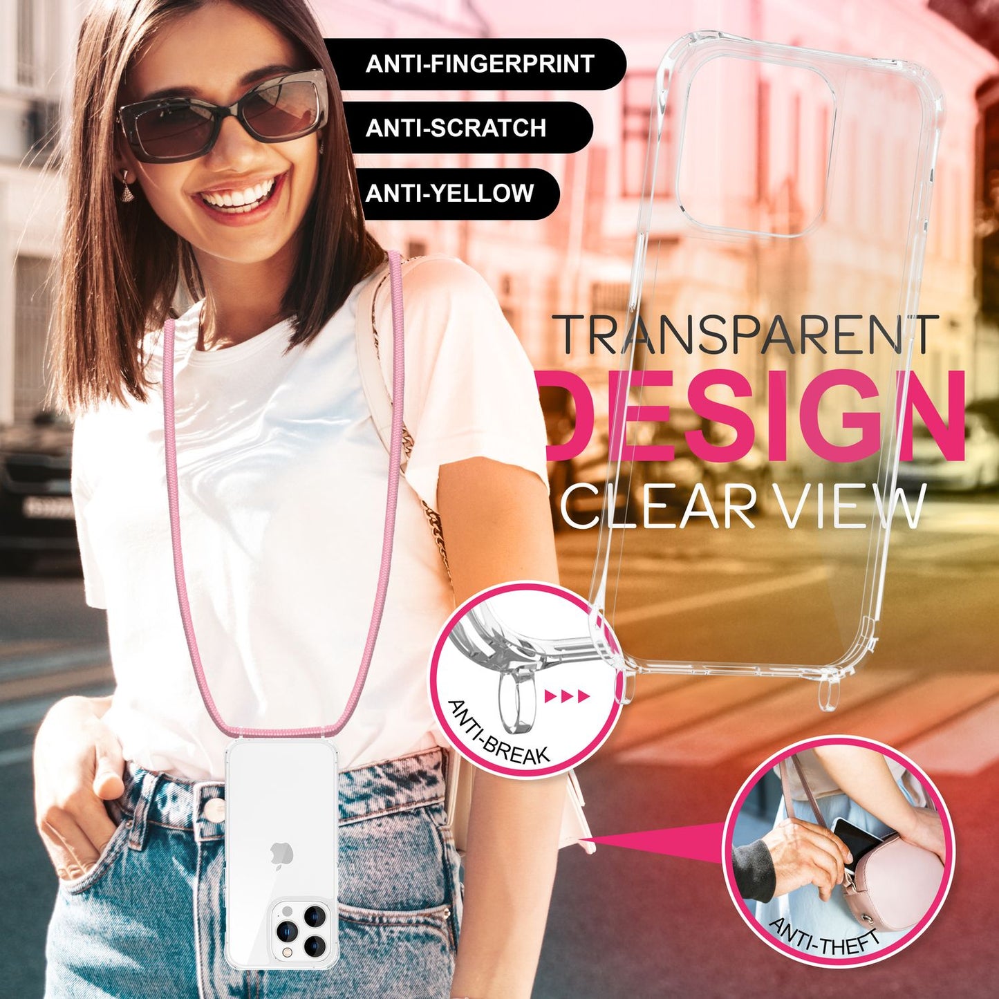 NALIA Husă transparentă cu curea de gât pentru iPhone 16 Pro Max, husă transparentă rigidă cu lanț pentru telefon