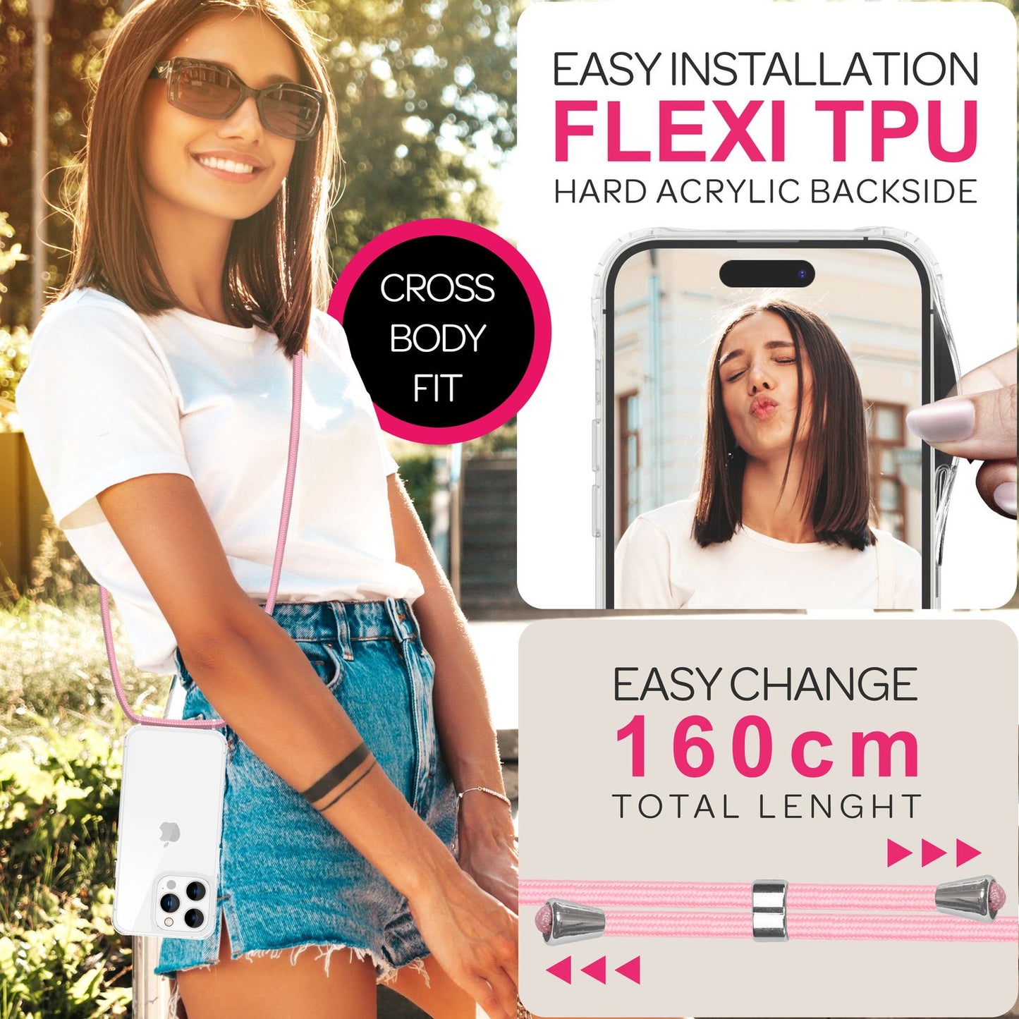 NALIA Husă transparentă cu curea de gât pentru iPhone 16 Pro Max, husă transparentă rigidă cu lanț pentru telefon