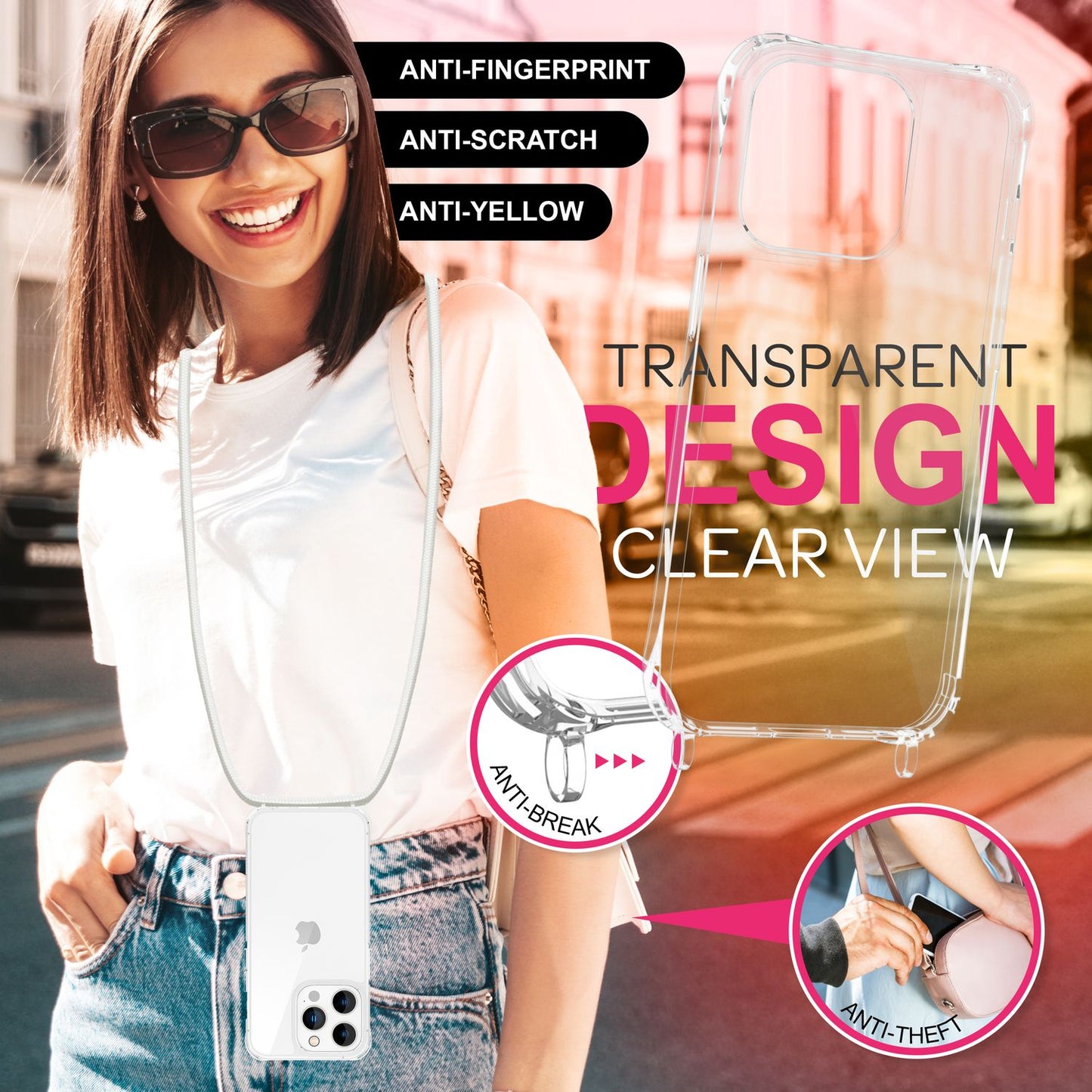 NALIA Husă transparentă cu curea de gât pentru iPhone 16 Pro Max, husă transparentă rigidă cu lanț pentru telefon
