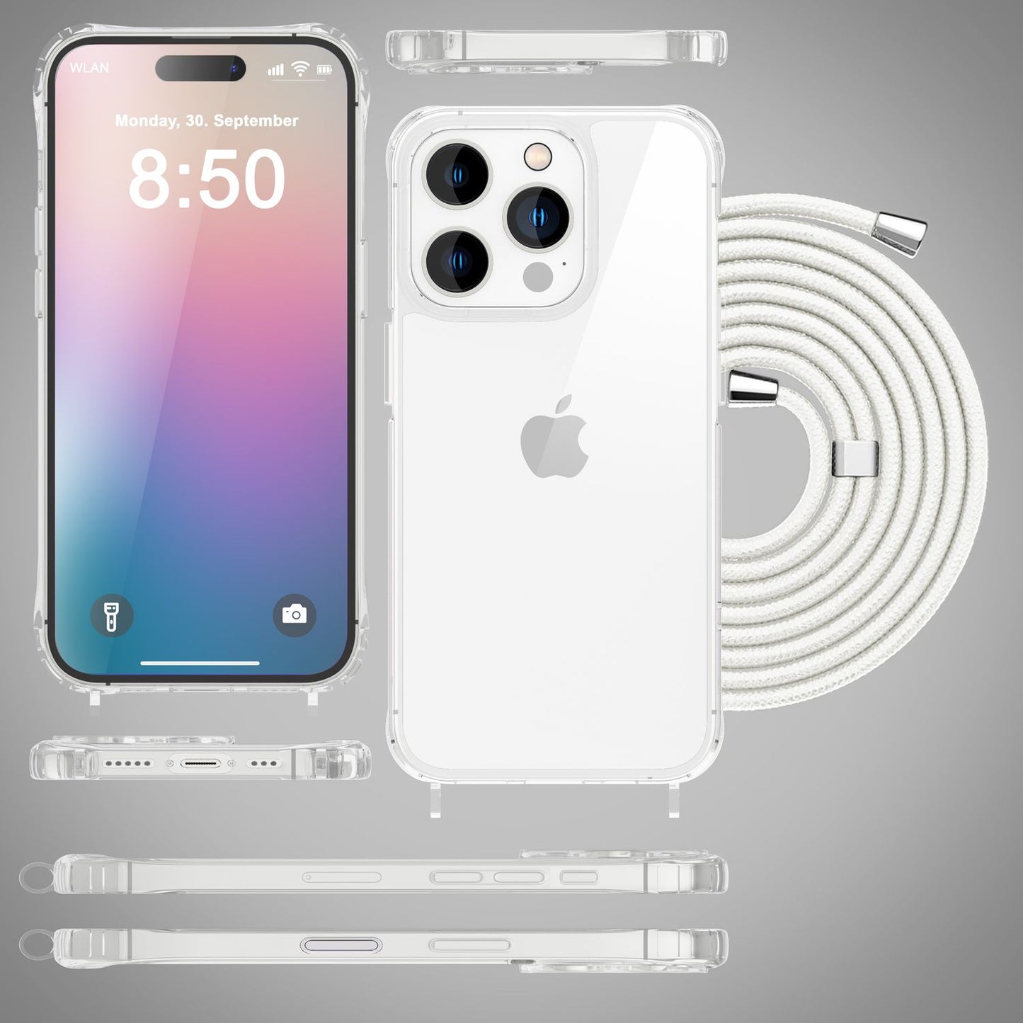 NALIA Husă transparentă cu curea de gât pentru iPhone 16 Pro Max, husă transparentă rigidă cu lanț pentru telefon