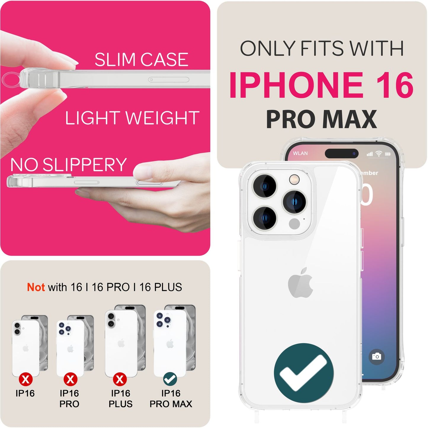 NALIA Husă transparentă cu curea de gât pentru iPhone 16 Pro Max, husă transparentă rigidă cu lanț pentru telefon