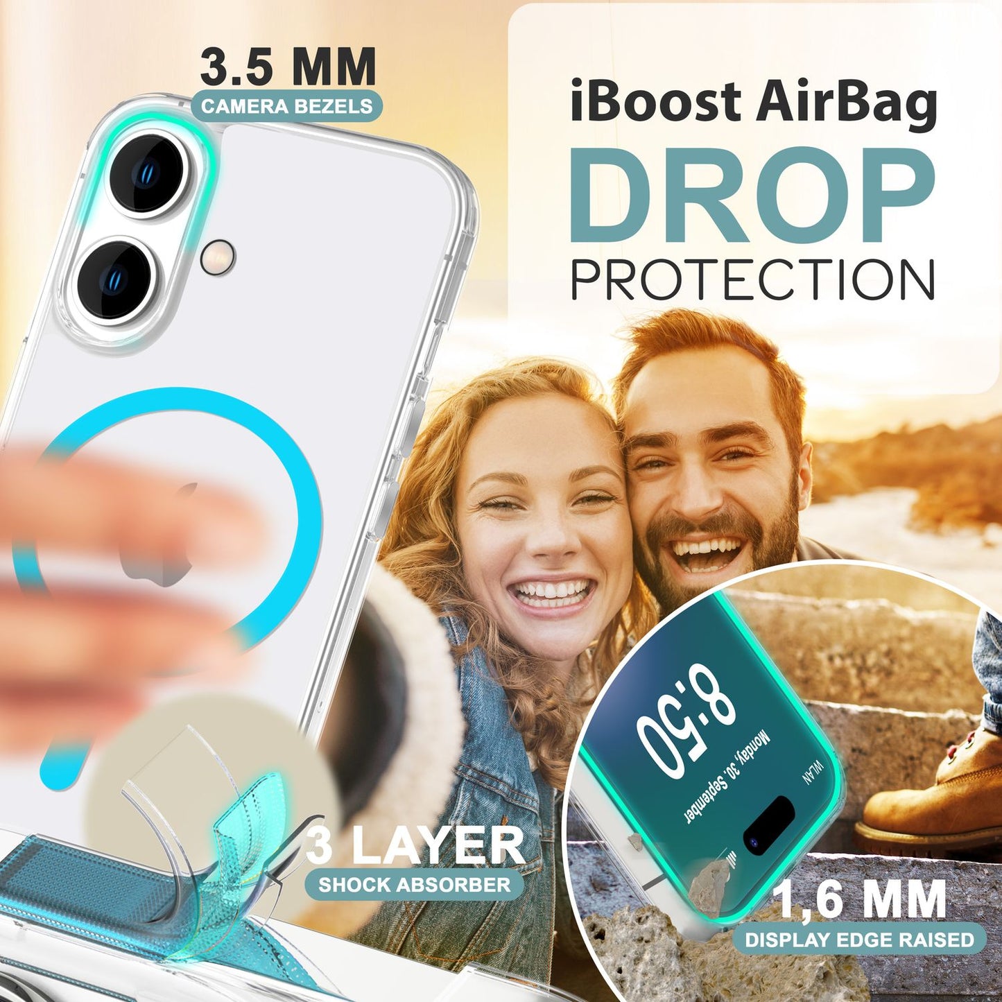 Husă acrilică transparentă NALIA MagSafe cu inel neon, strălucire nocturnă - Dimensiune iPhone 16, Material acrilic, MagSafe