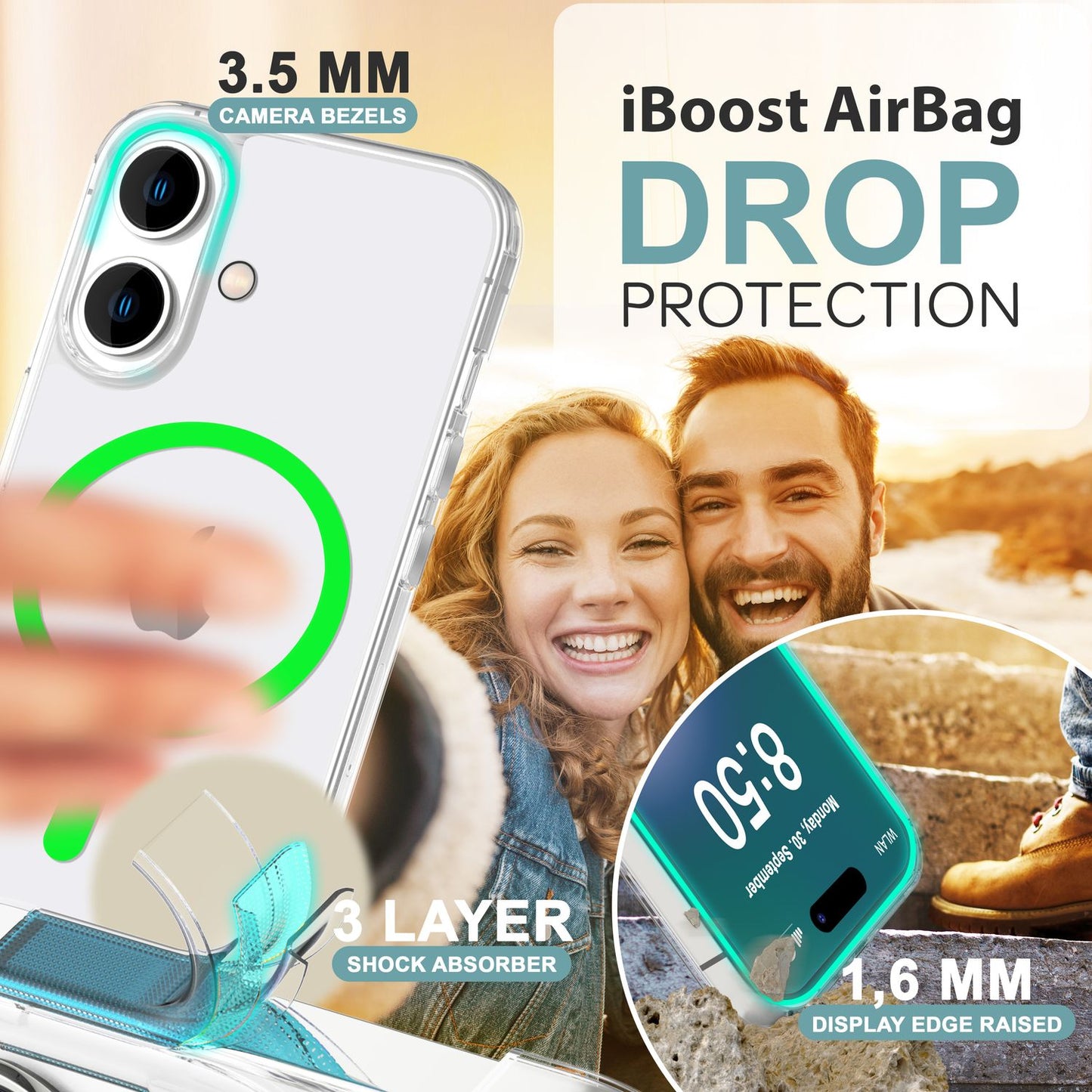 Husă acrilică transparentă NALIA MagSafe cu inel neon, strălucire nocturnă - Dimensiune iPhone 16, Material acrilic, MagSafe