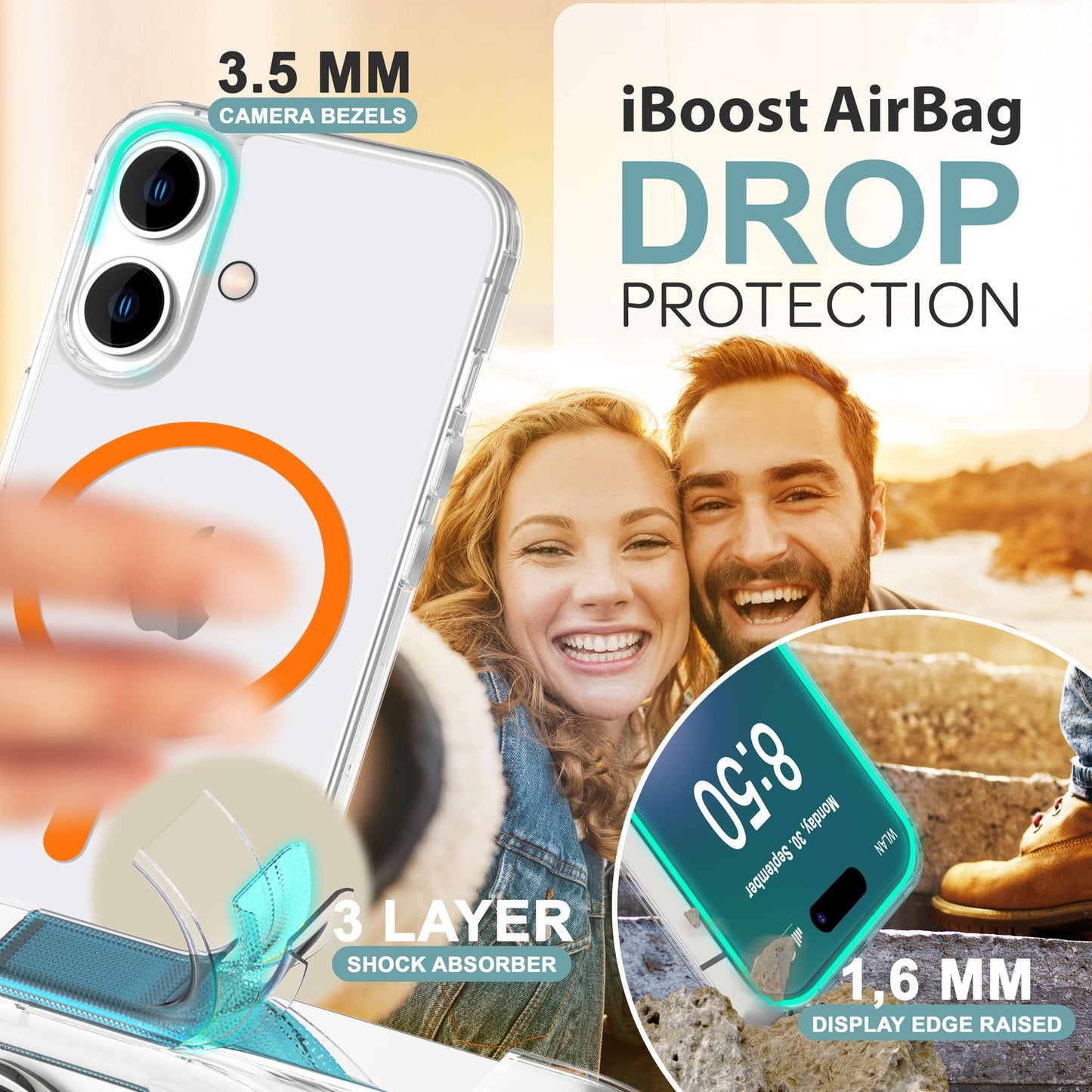 Husă acrilică transparentă NALIA MagSafe cu inel neon, strălucire nocturnă - Dimensiune iPhone 16, Material acrilic, MagSafe