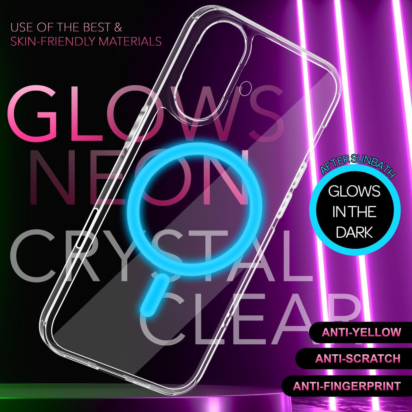 Husă acrilică transparentă NALIA MagSafe cu inel neon, strălucire nocturnă - Dimensiune iPhone 16, Material acrilic, MagSafe