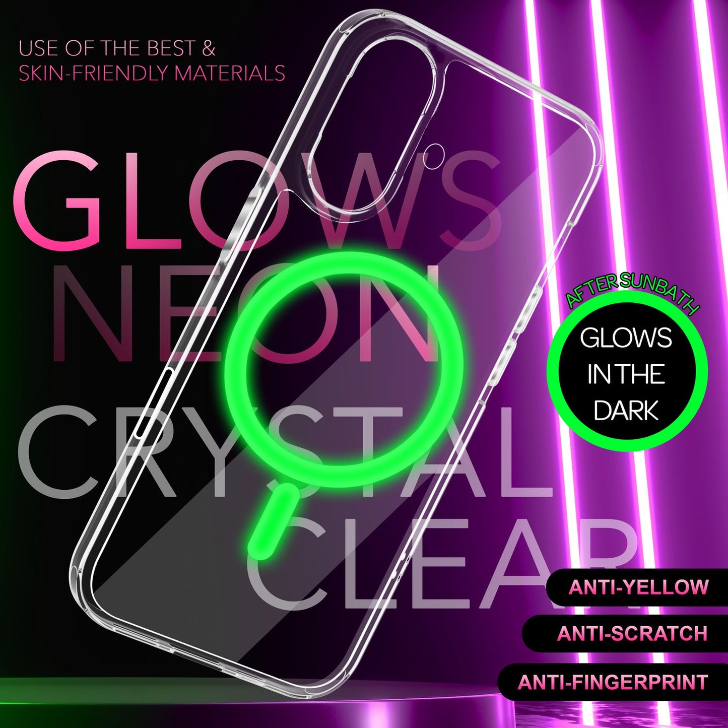 Husă acrilică transparentă NALIA MagSafe cu inel neon, strălucire nocturnă - Dimensiune iPhone 16, Material acrilic, MagSafe