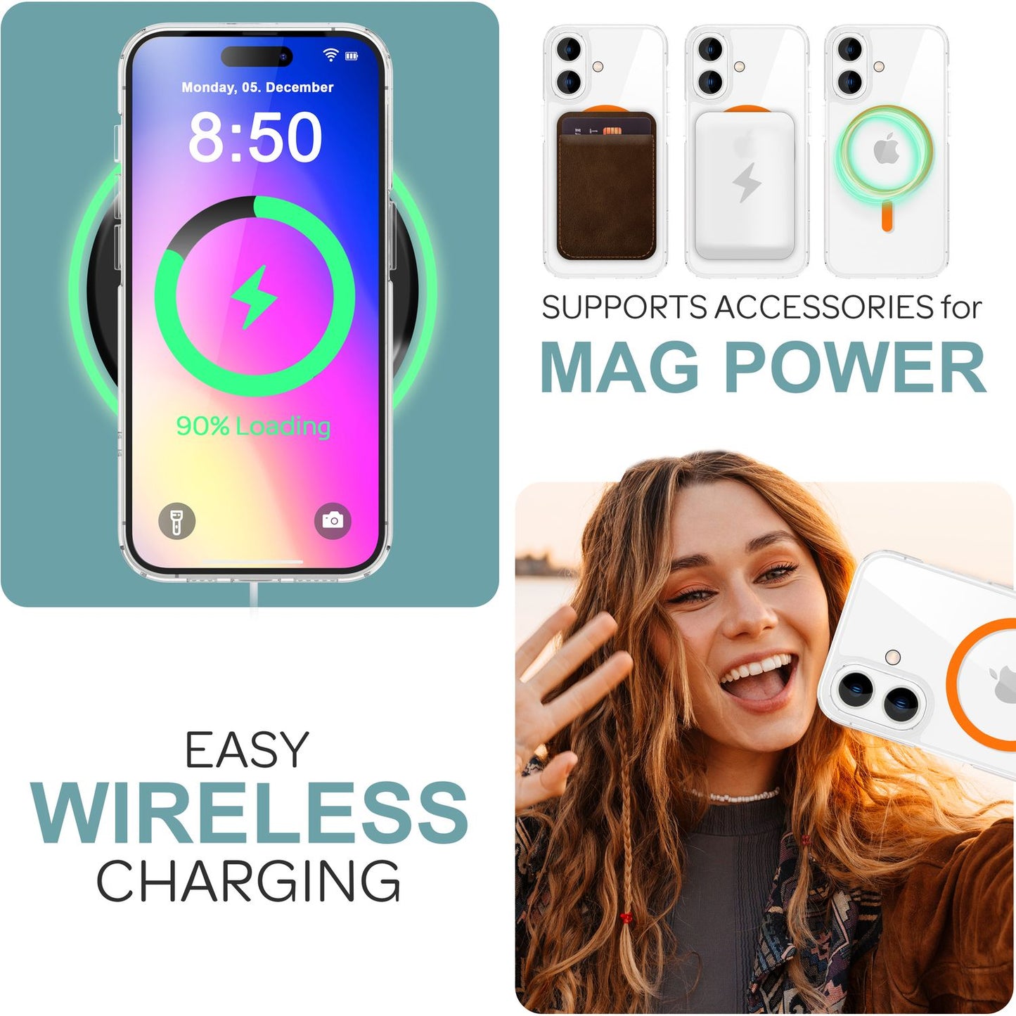 Husă acrilică transparentă NALIA MagSafe cu inel neon, strălucire nocturnă - Dimensiune iPhone 16, Material acrilic, MagSafe