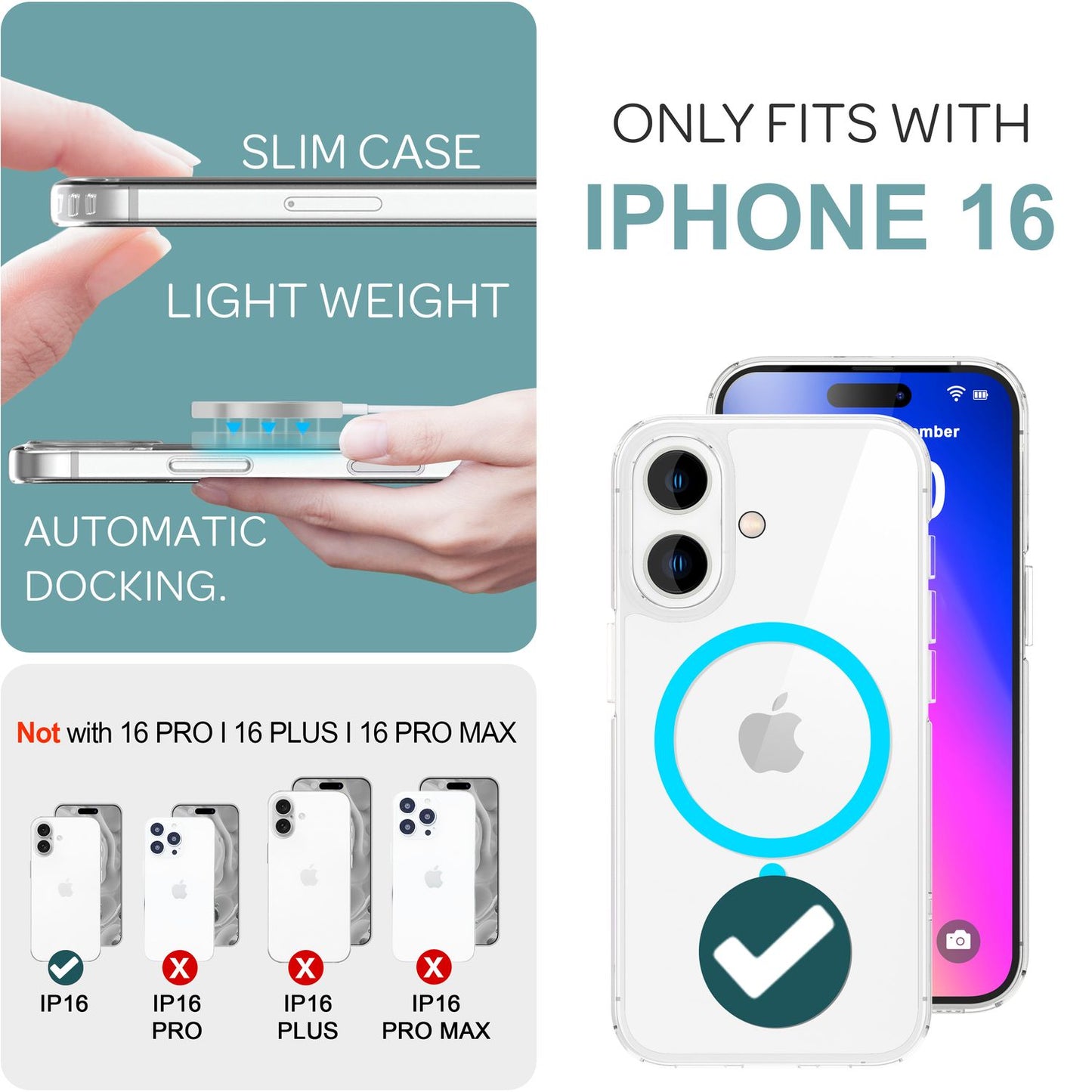 Husă acrilică transparentă NALIA MagSafe cu inel neon, strălucire nocturnă - Dimensiune iPhone 16, Material acrilic, MagSafe