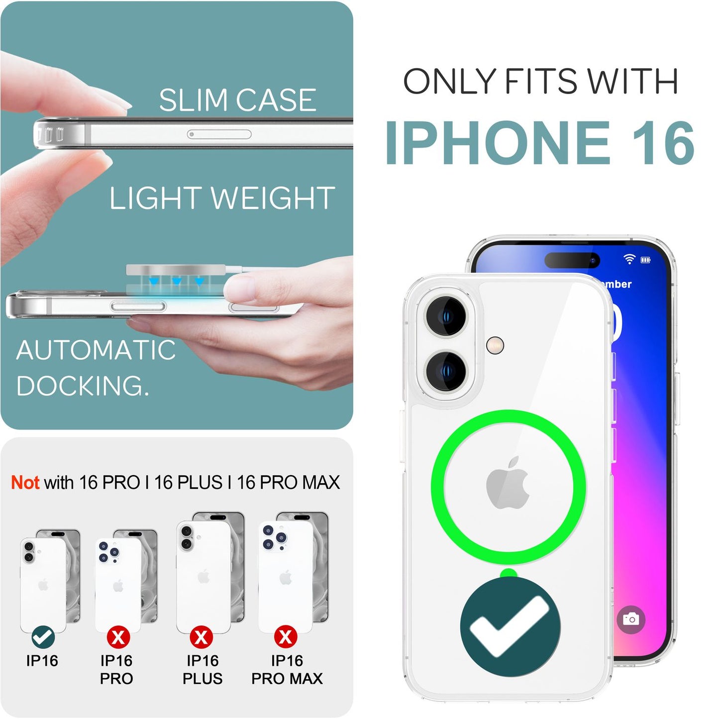 Husă acrilică transparentă NALIA MagSafe cu inel neon, strălucire nocturnă - Dimensiune iPhone 16, Material acrilic, MagSafe