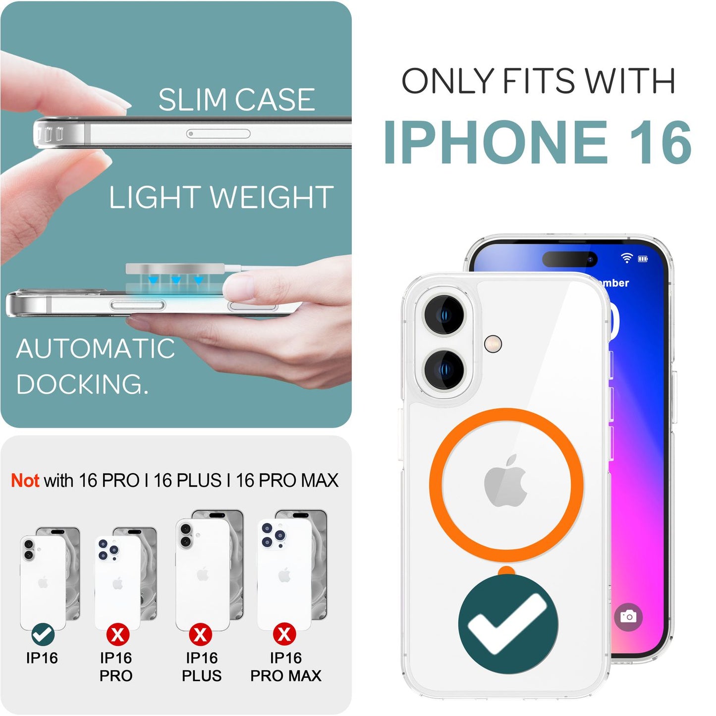 Husă acrilică transparentă NALIA MagSafe cu inel neon, strălucire nocturnă - Dimensiune iPhone 16, Material acrilic, MagSafe