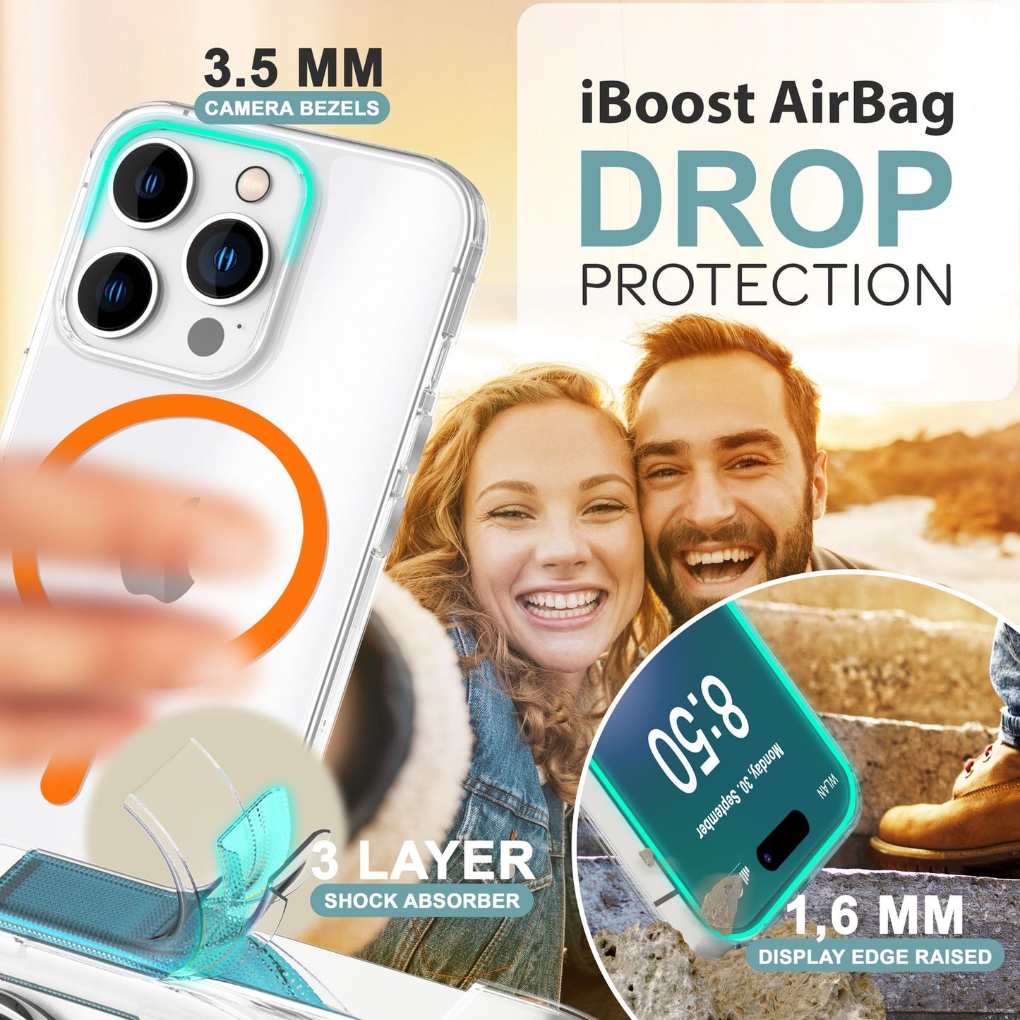 Husă acrilică transparentă NALIA MagSafe pentru iPhone 16 Pro, inel neon colorat cu efect de strălucire nocturnă, husă transparentă pentru telefon