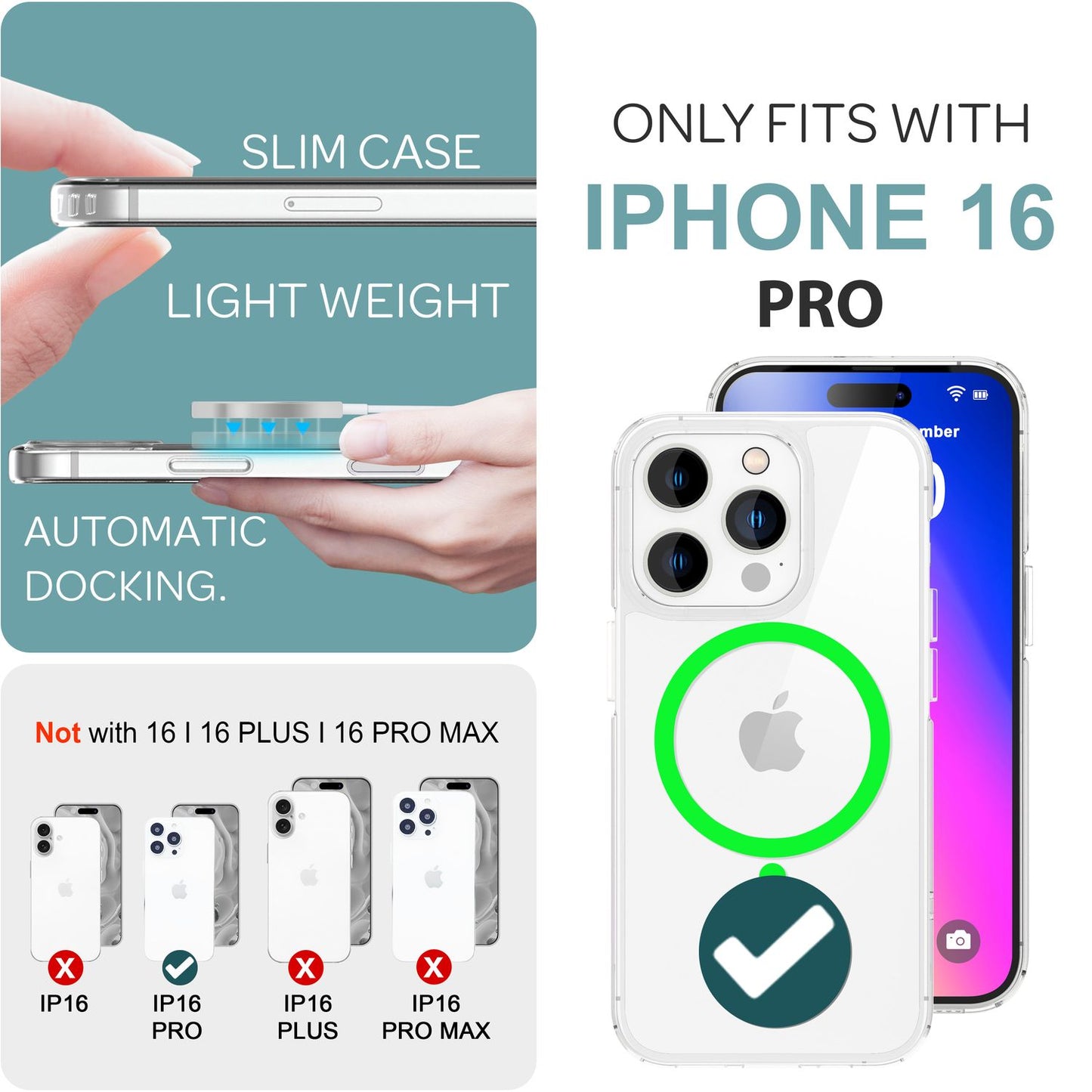 Husă acrilică transparentă NALIA MagSafe pentru iPhone 16 Pro, inel neon colorat cu efect de strălucire nocturnă, husă transparentă pentru telefon