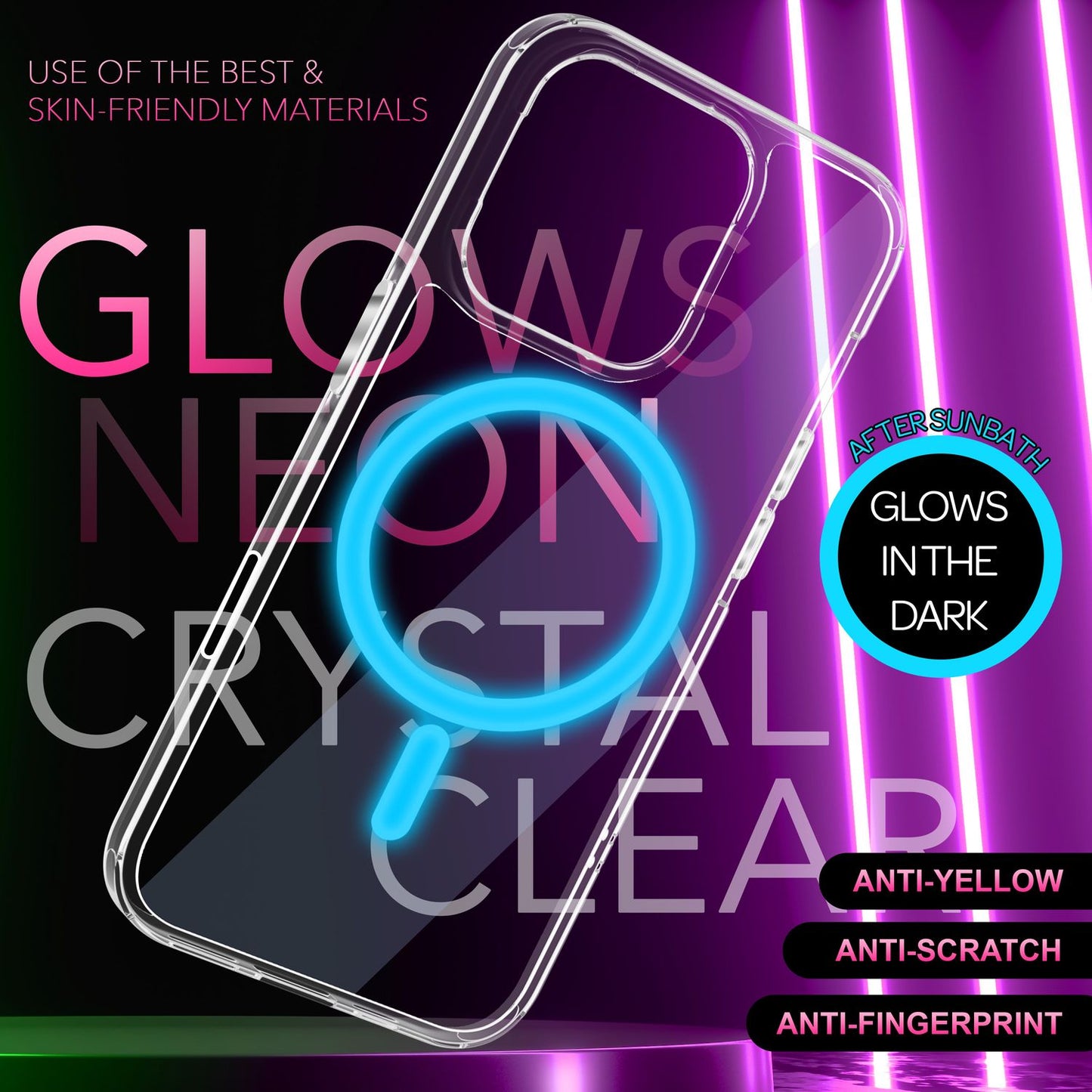 Husă NALIA Clear MagSafe din acril pentru iPhone 16 Pro Max, inel neon colorat cu efect de strălucire nocturnă, husă robustă pentru telefon